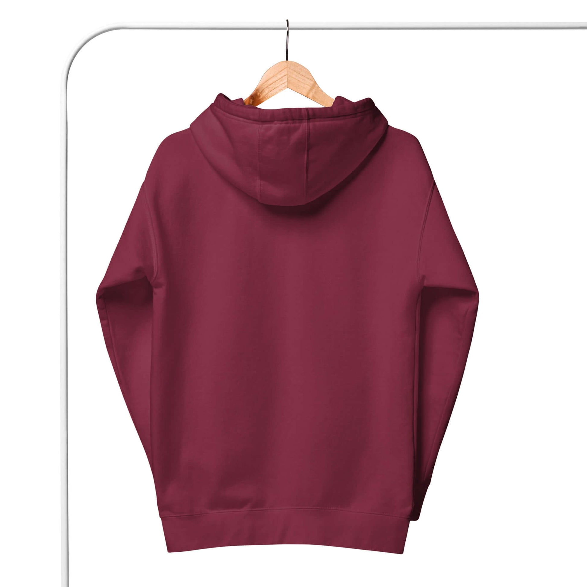 Back view of a maroon Women's Peace, Love, Pickleball Hoodie hanging on a wooden hanger.