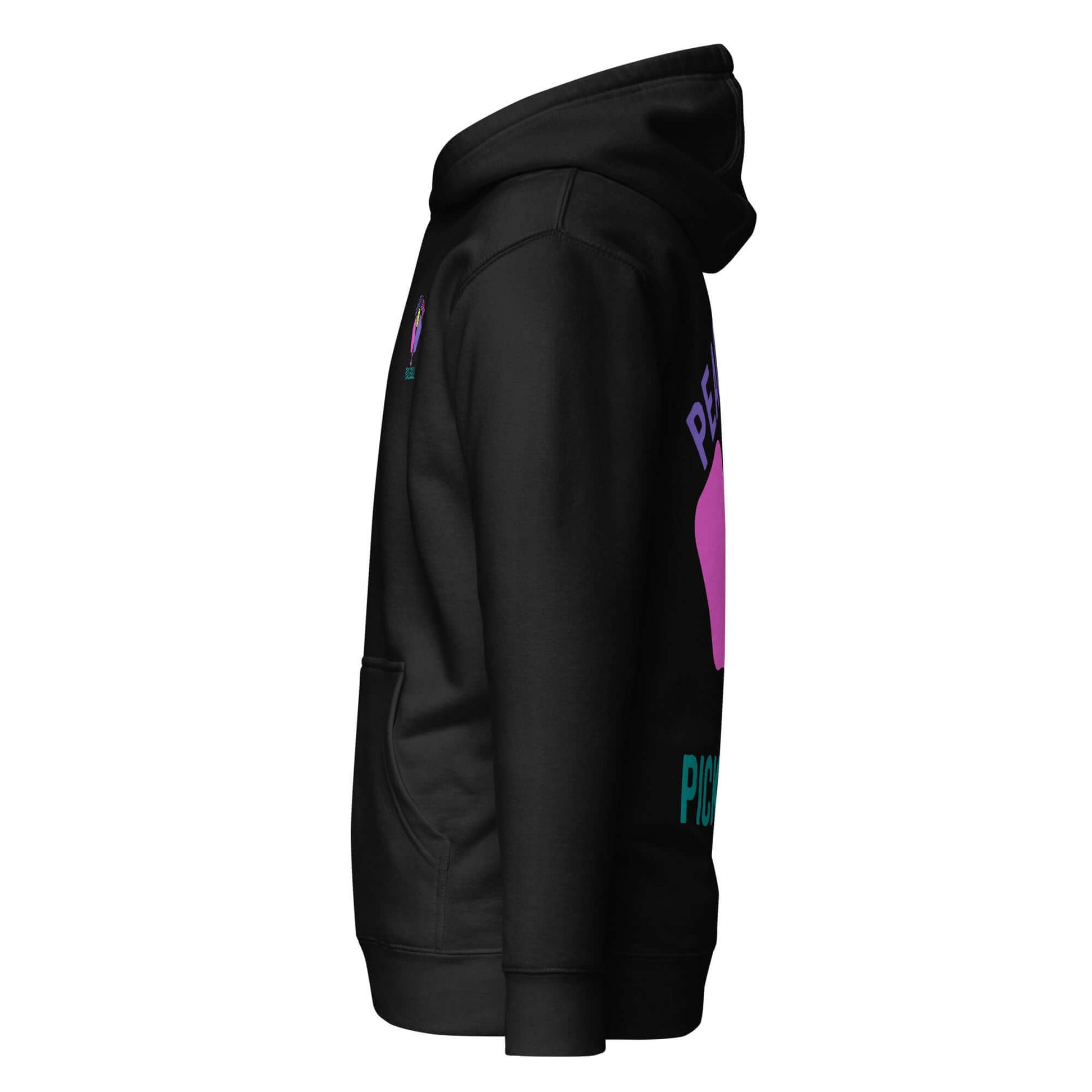 Side view of Women's Peace, Love, Pickleball Hoodie, showcasing comfort and stylish design in black.