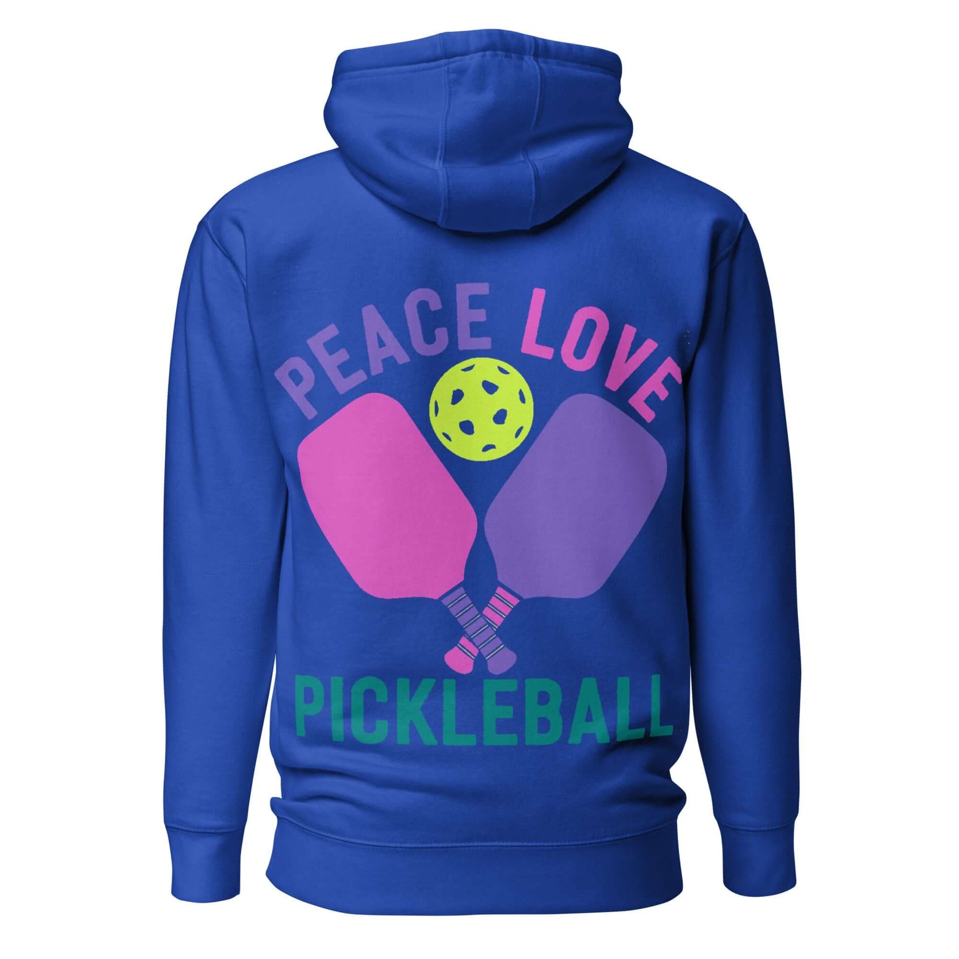 Back view of a blue Women's hoodie featuring playful design with 'Peace Love Pickleball' and colorful paddles.