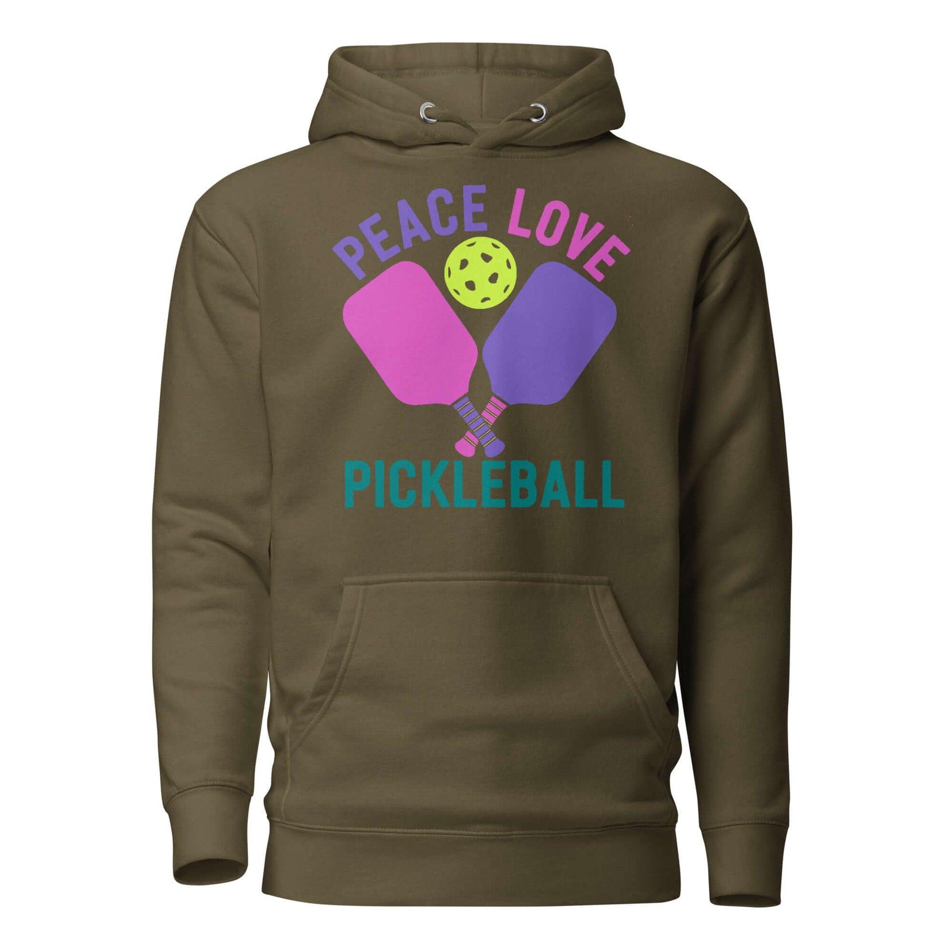 Women's olive green hoodie featuring 'Peace Love Pickleball' graphic with paddles and a ball.