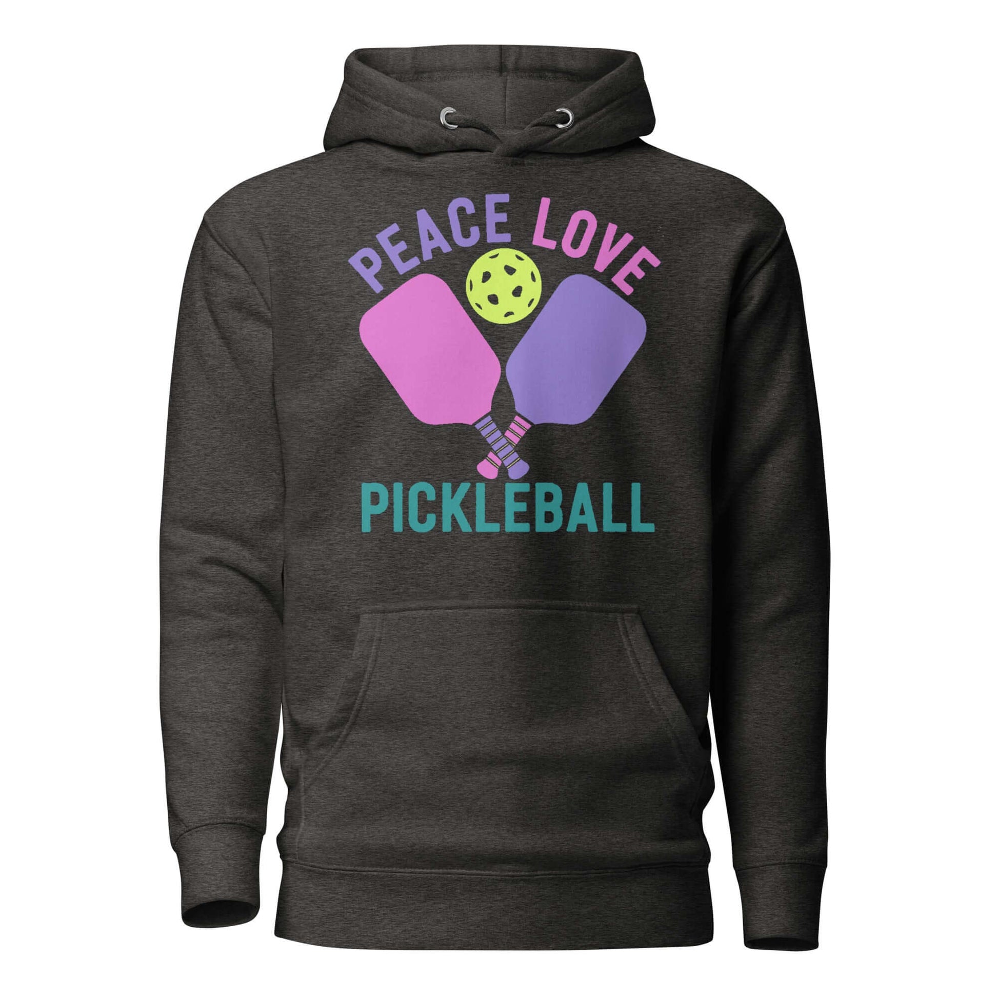 Women's cozy hoodie featuring 'Peace Love Pickleball' graphic and paddles, perfect for pickleball lovers.