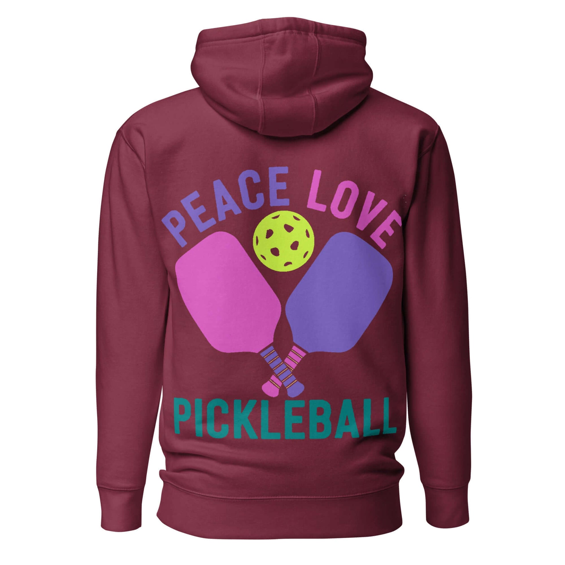 Back view of Women's Peace, Love, Pickleball Hoodie featuring paddles and a pickleball graphic.