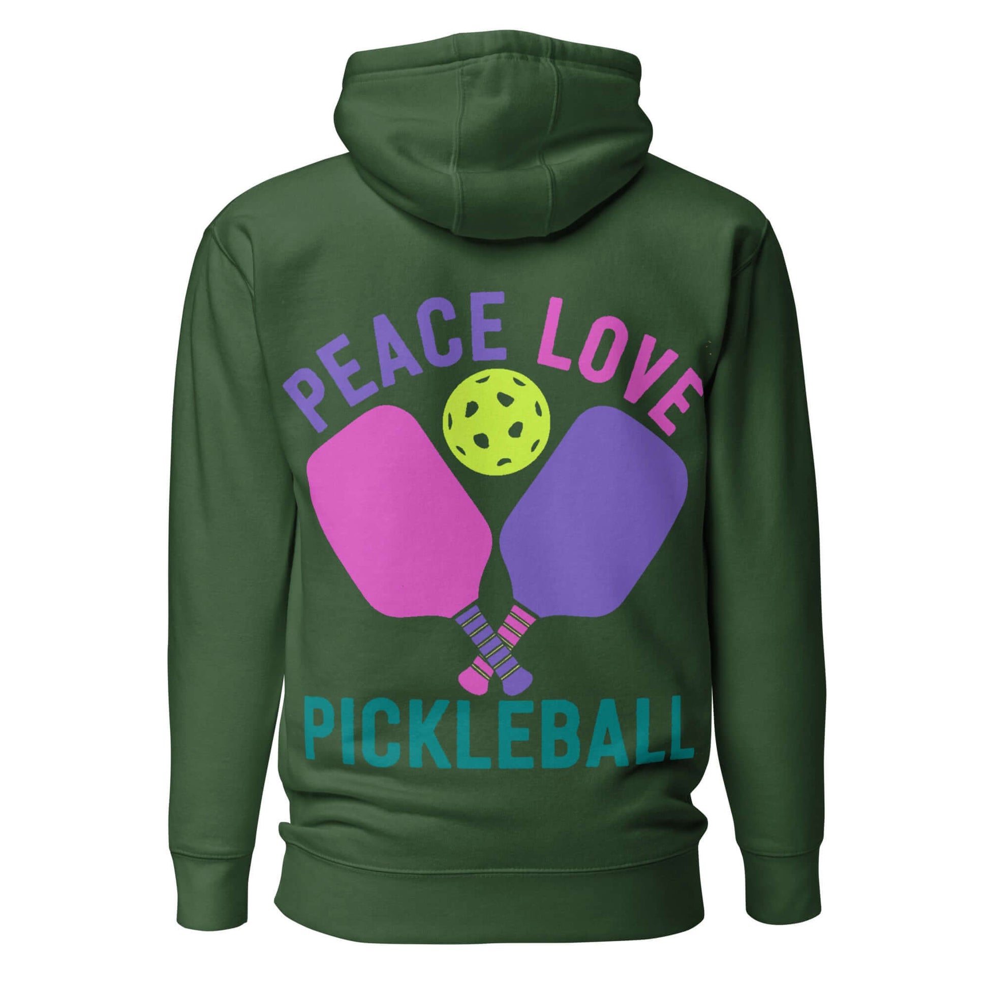 Back view of Women's Peace, Love, Pickleball Hoodie in green with colorful graphic design.