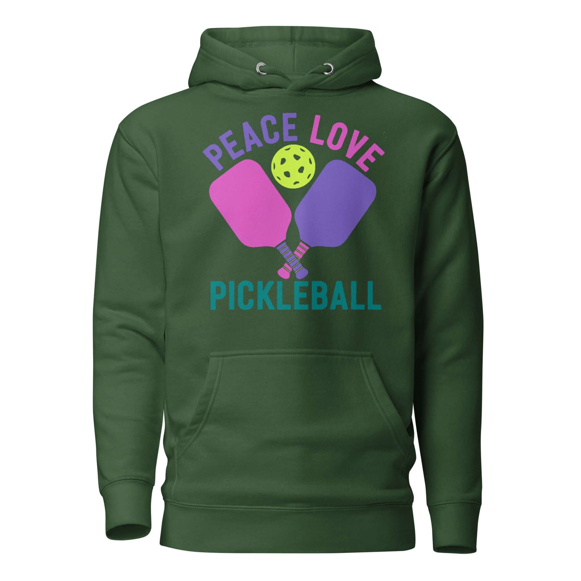 Women’s green hoodie with "Peace Love Pickleball" graphic and paddle design, perfect for pickleball enthusiasts.