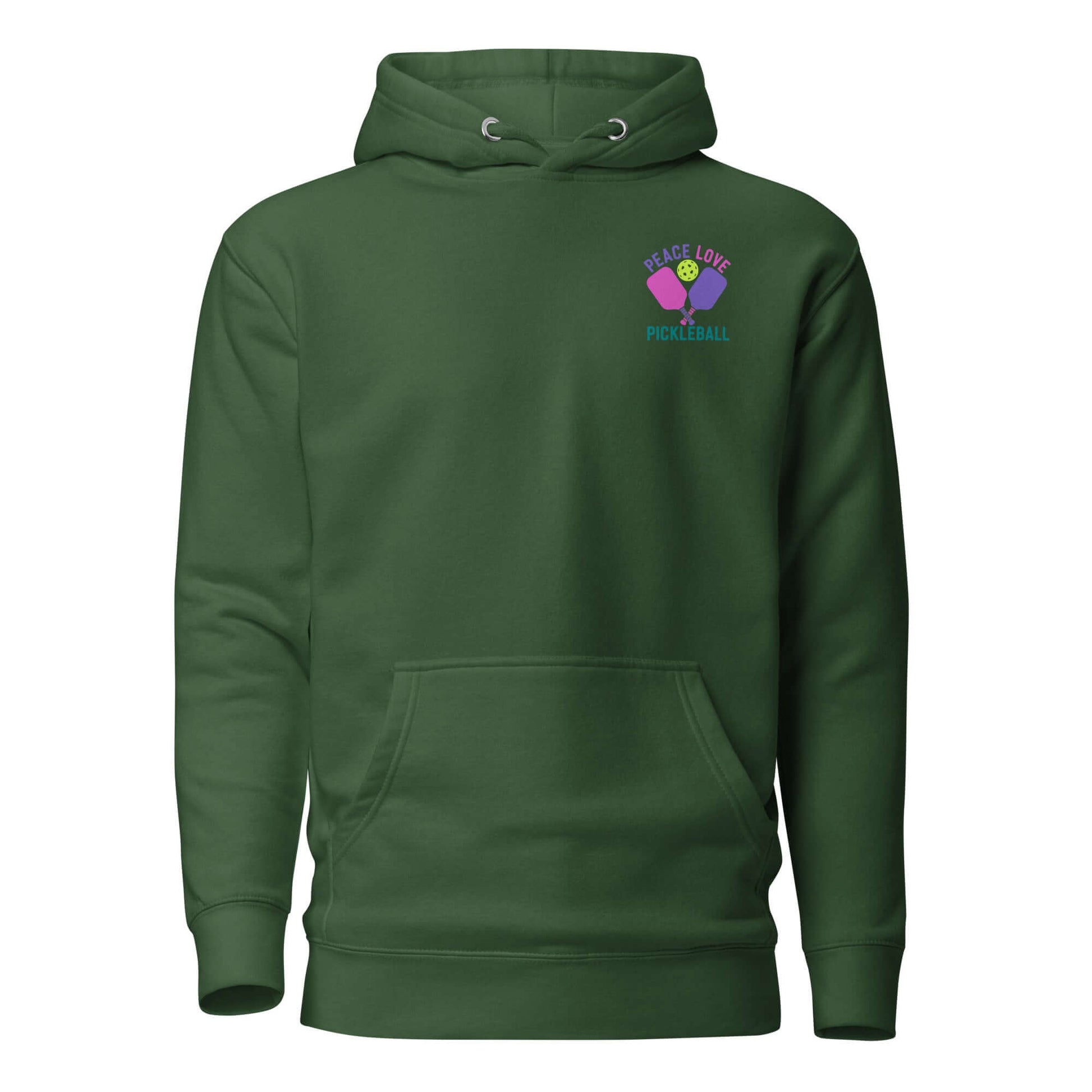 Green women's hoodie featuring 'Peace Love Pickleball' design, perfect for pickleball enthusiasts and casual wear.