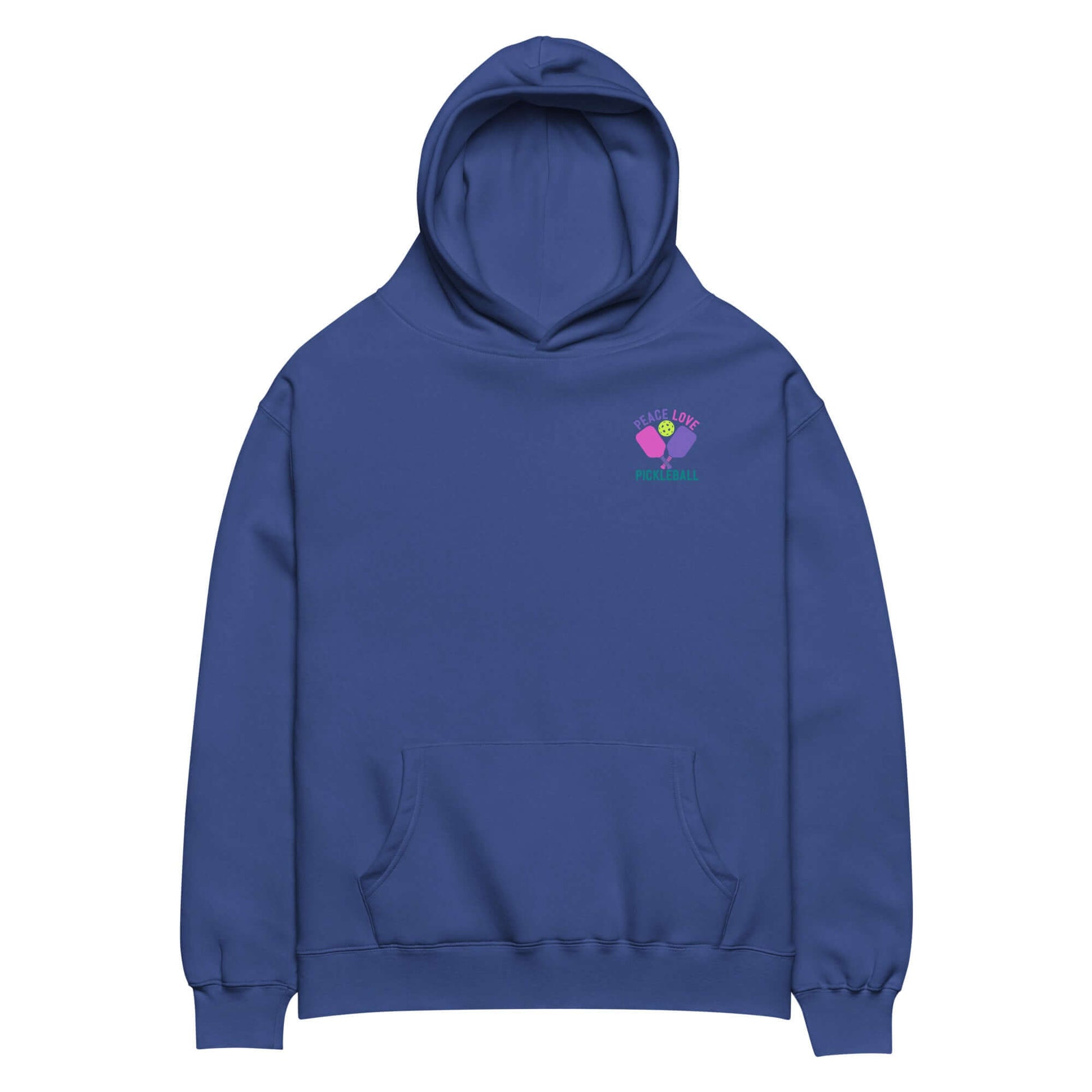 Women's oversized hoodie in blue with 'Peace, Love, Pickleball' graphic, perfect for casual wear and pickleball enthusiasts.