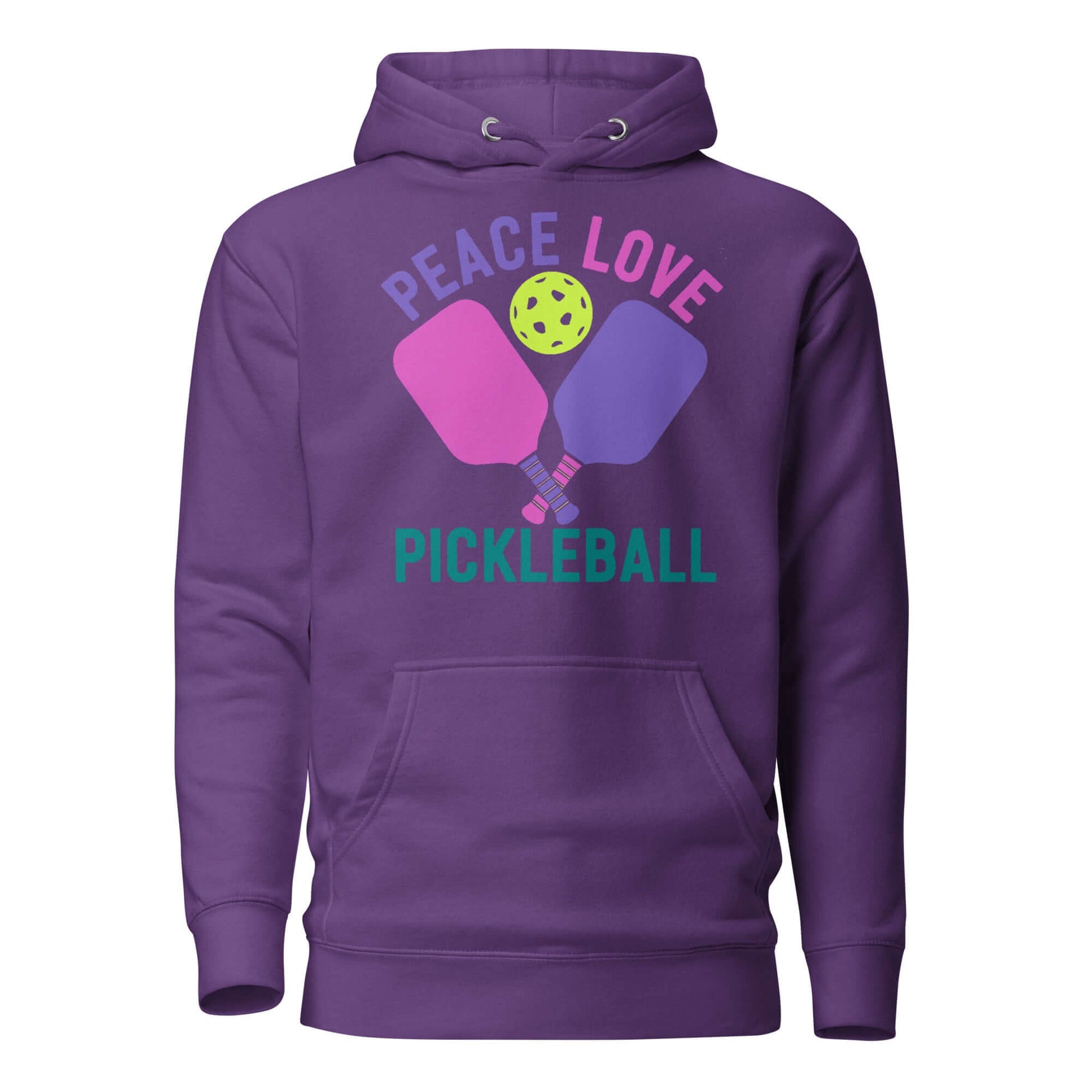 Women's purple hoodie featuring pickleball paddles and the phrase 'Peace Love Pickleball' for cozy comfort.