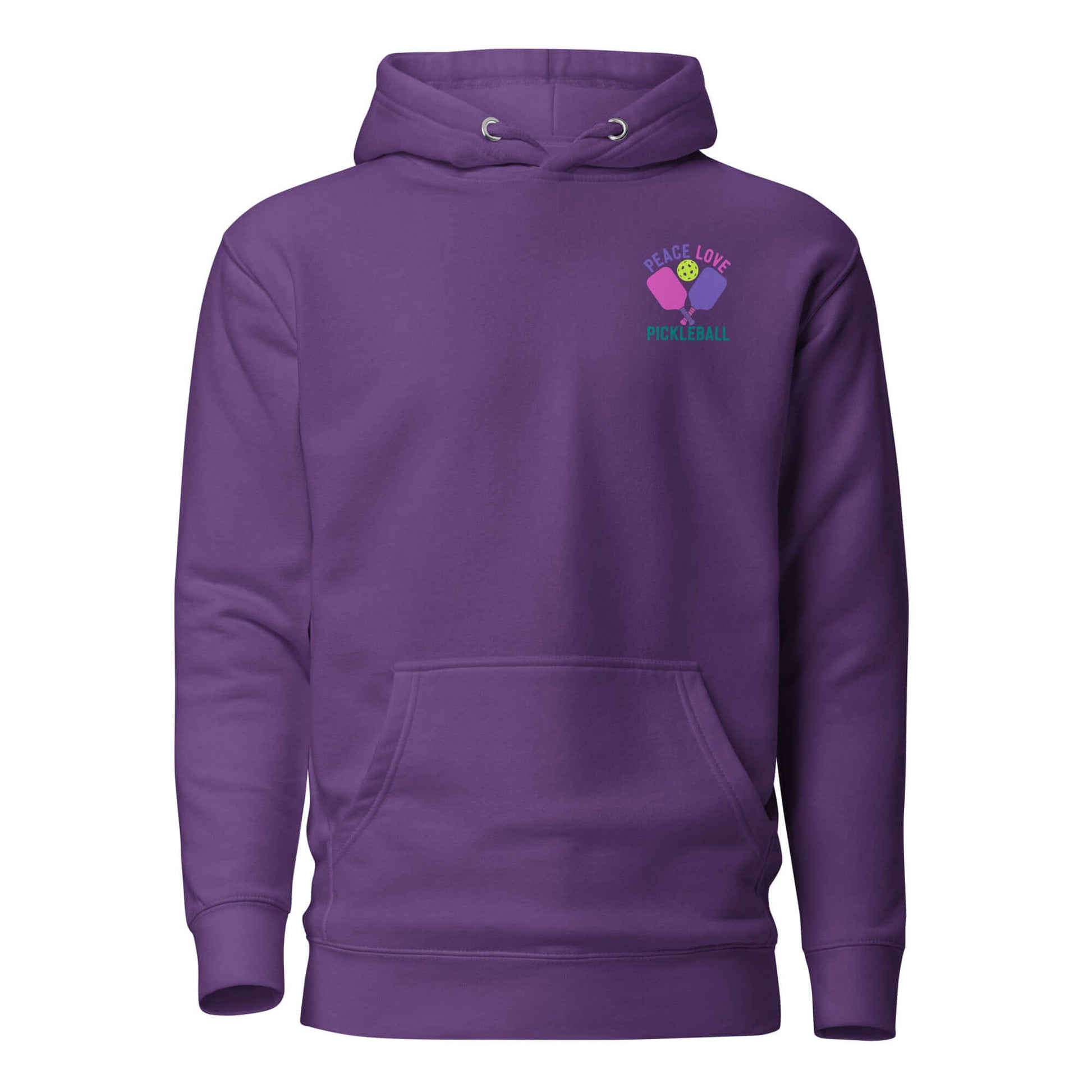 Women's purple hoodie with 'Peace Love Pickleball' design, perfect for pickleball lovers.