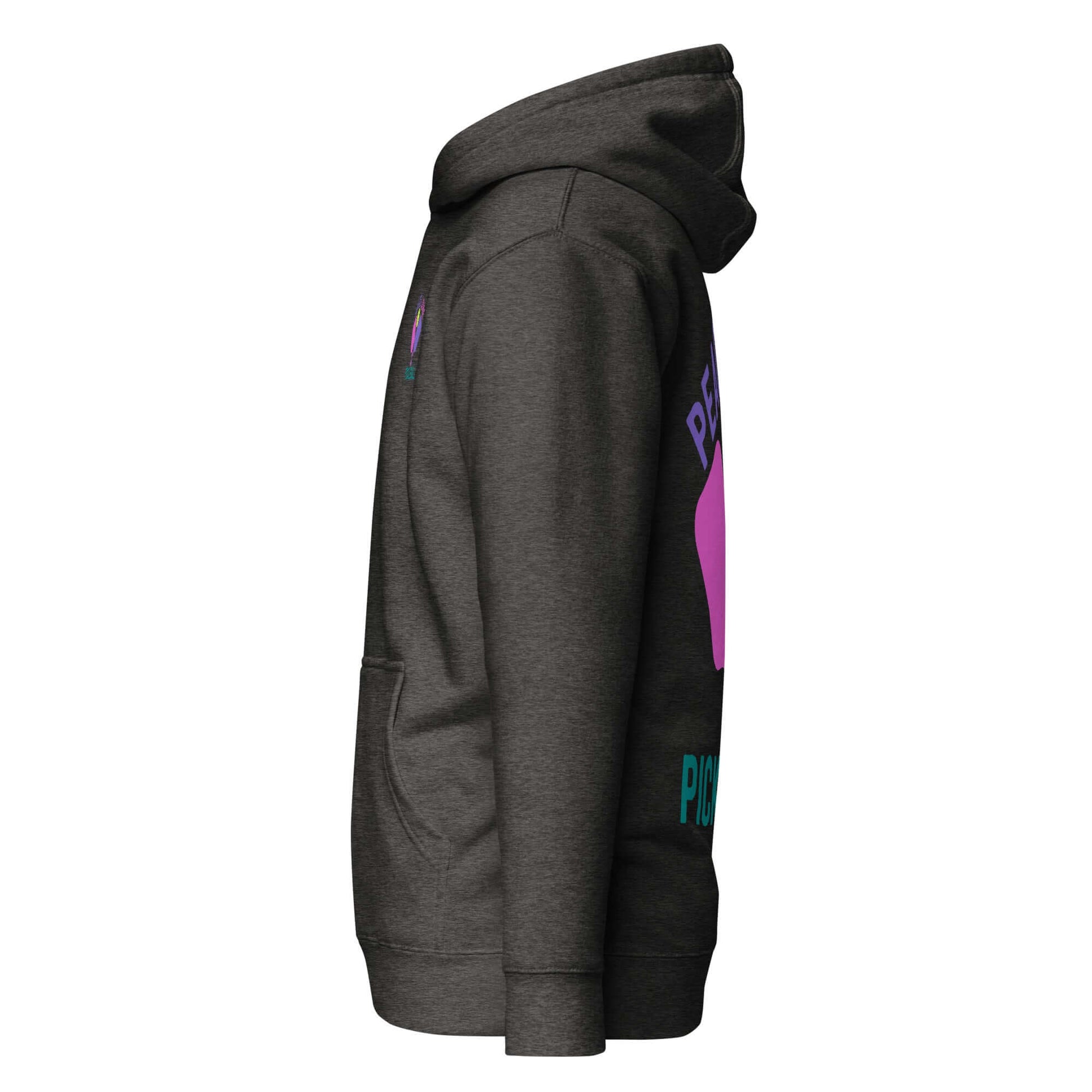Women's Peace, Love, Pickleball Hoodie in dark color, showcasing side view with graphic design and pocket.