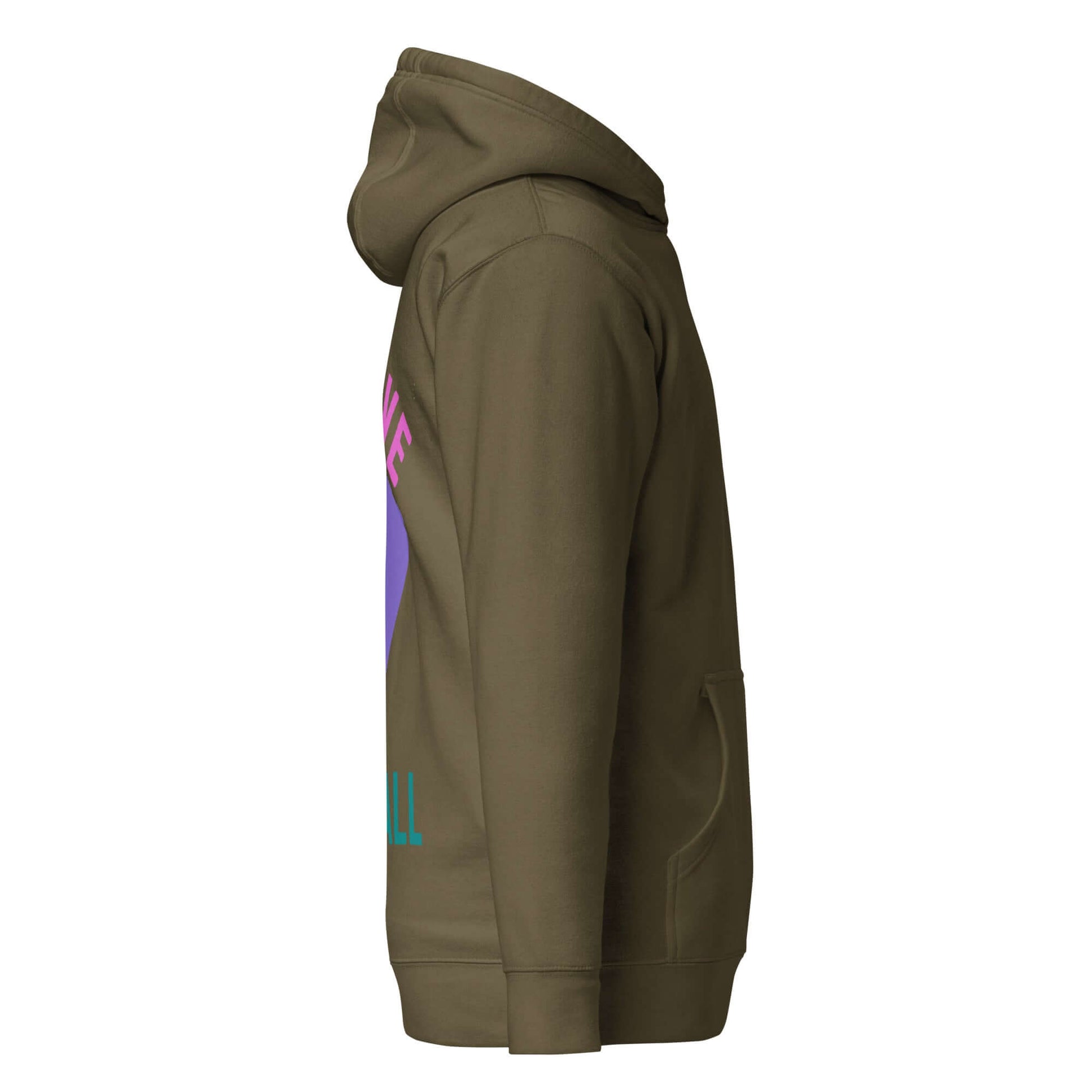 Side view of Women's Peace, Love, Pickleball Hoodie in olive green, showcasing colorful graphics and a cozy fit.