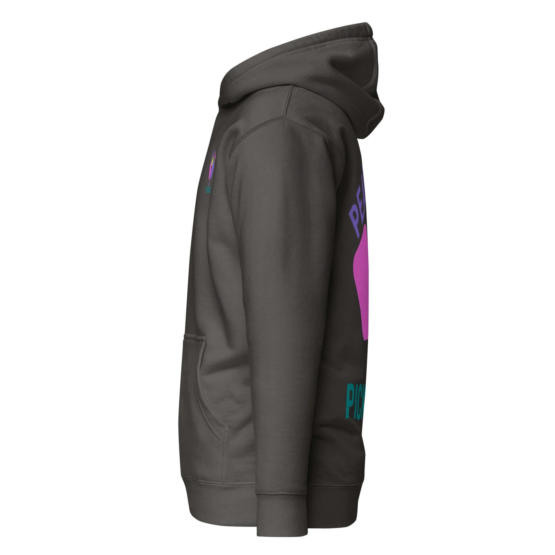 Women's Peace, Love, Pickleball Hoodie in side view, showcasing cozy style for pickleball enthusiasts.