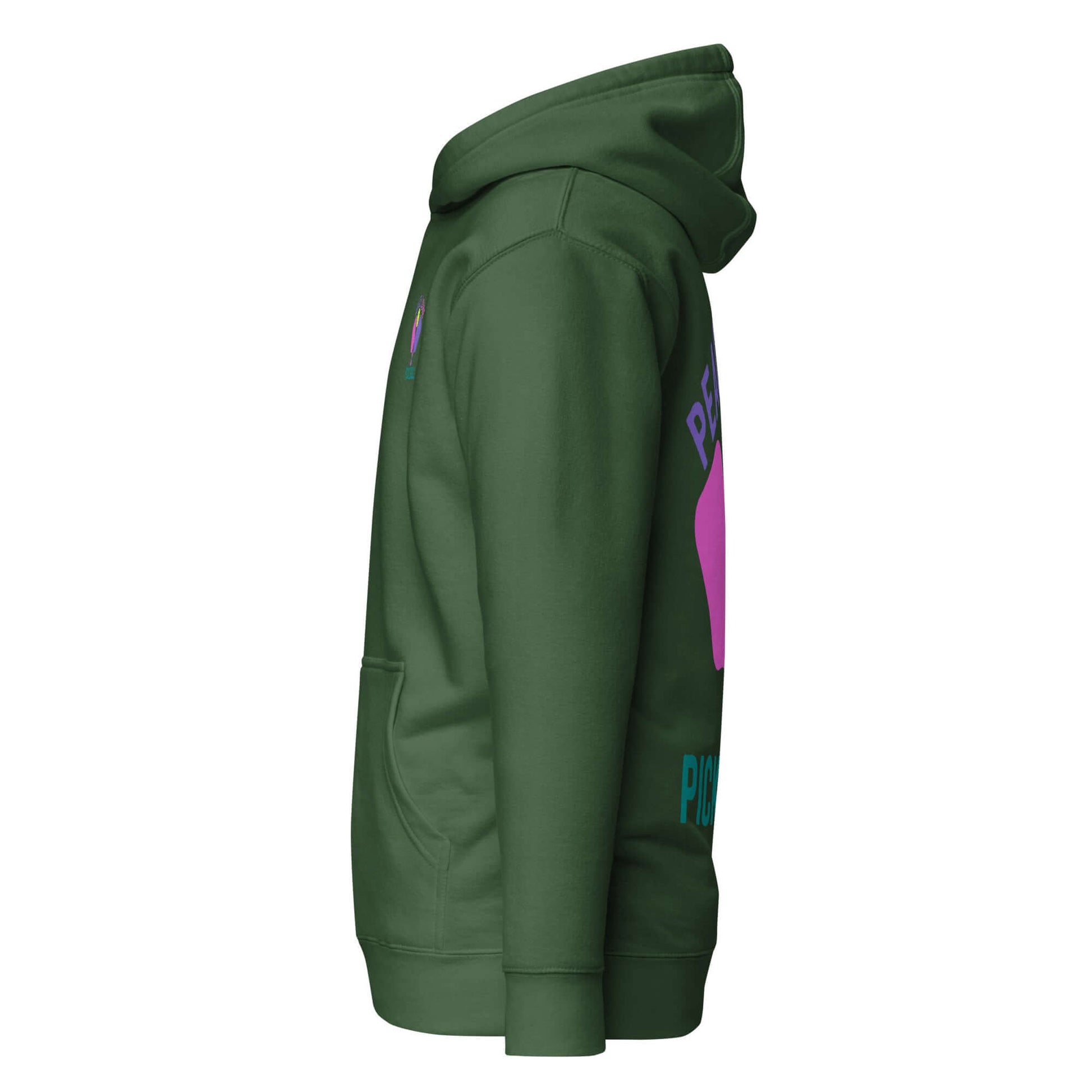 Side view of a green Women's Peace, Love, Pickleball Hoodie featuring vibrant graphics.