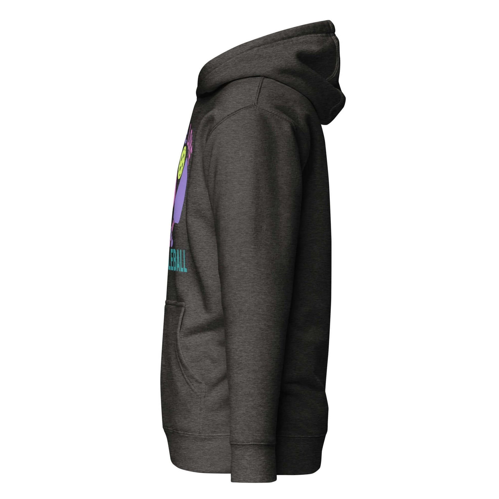 Side view of Women's Peace, Love, Pickleball Hoodie in dark color, showcasing comfort and stylish design for pickleball lovers.