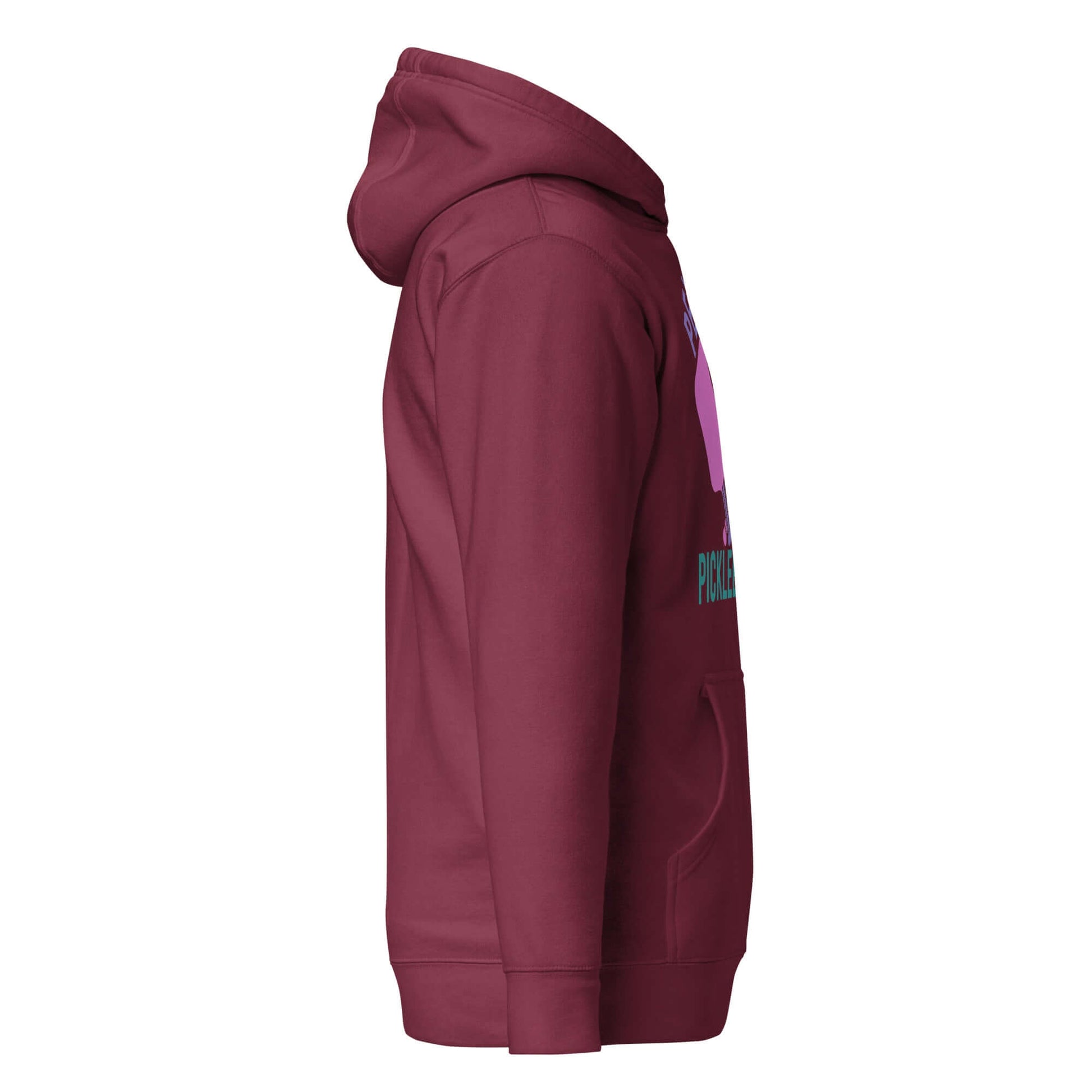 Side view of Women's Peace, Love, Pickleball Hoodie in burgundy, featuring colorful text and a comfortable design.