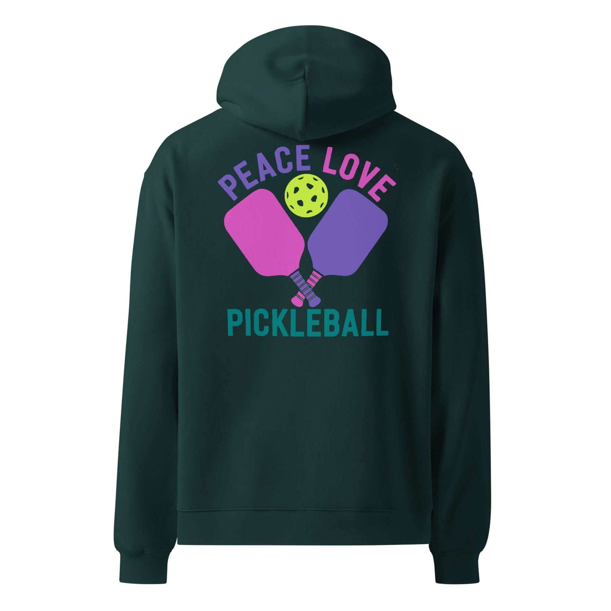 Women's oversized hoodie with colorful pickleball graphic and text 'Peace Love Pickleball' on back.