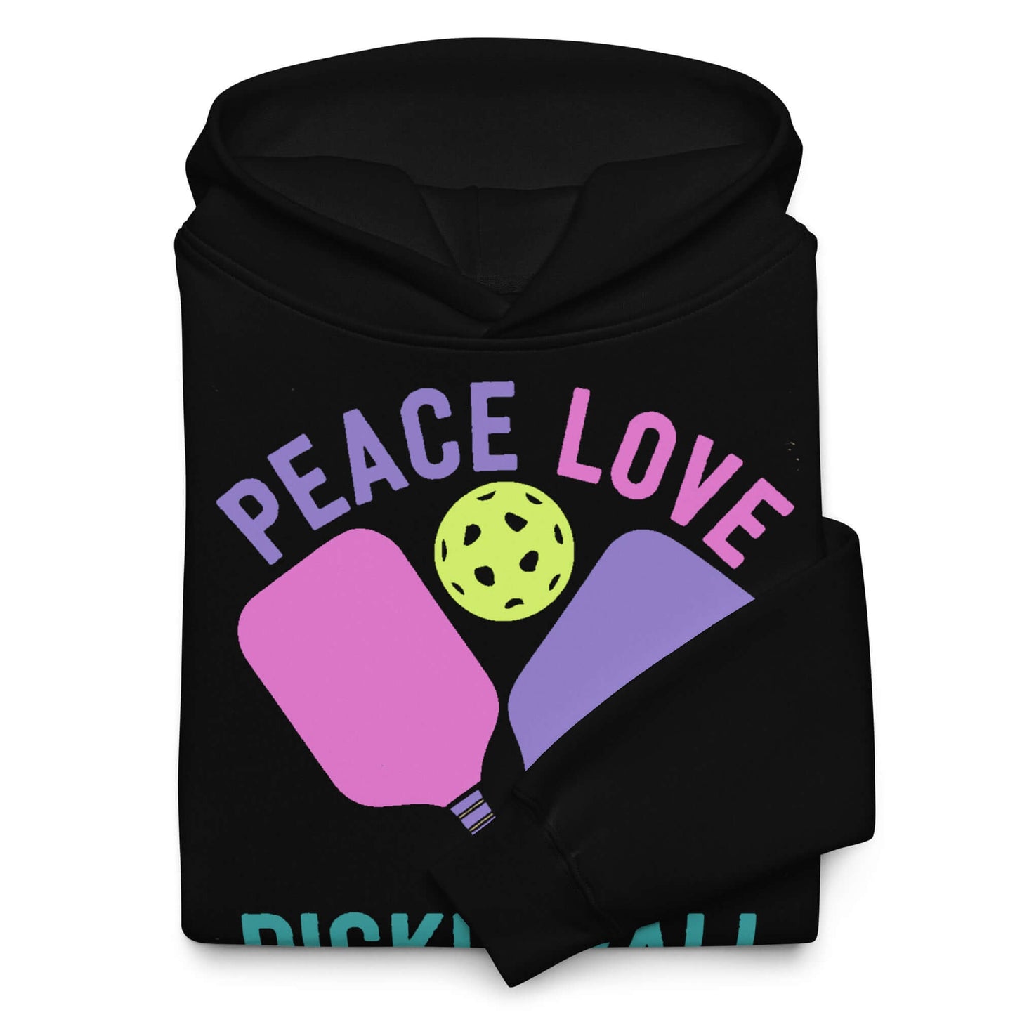 Women's oversized hoodie featuring 'Peace Love Pickleball' graphic design in vibrant colors.