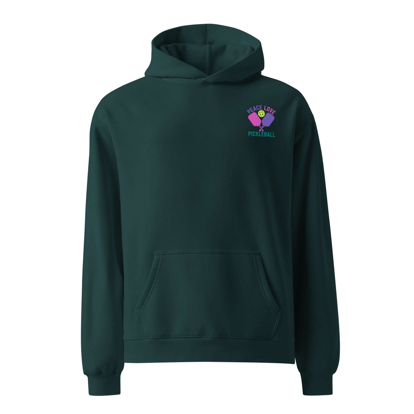 Women's oversized hoodie in dark green with Peace, Love, Pickleball graphic, perfect for casual wear and pickleball enthusiasts.