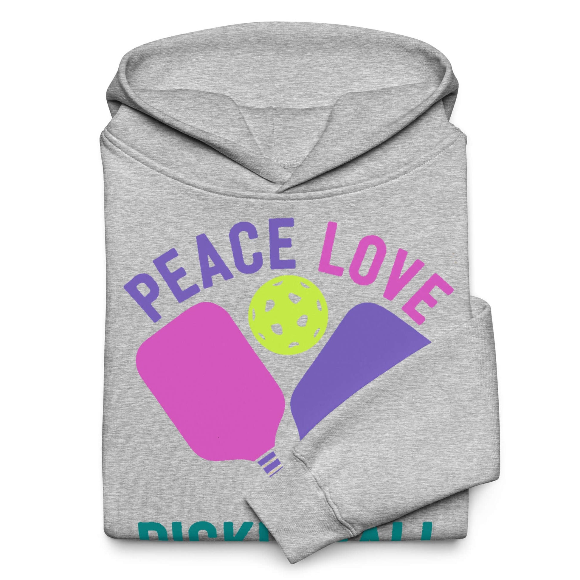 Women's oversized hoodie with 'Peace Love Pickleball' graphic, perfect for athletes and casual wear.
