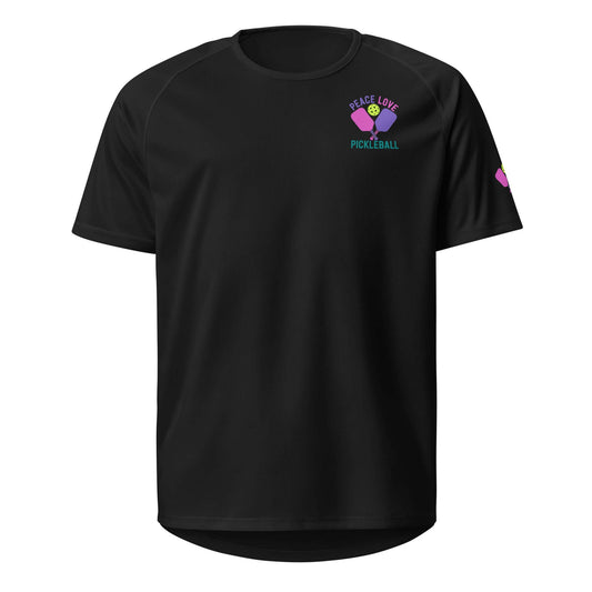 Black Women's Peace Love Pickleball Performance Shirt, stylish and comfortable for athletes and casual wear.
