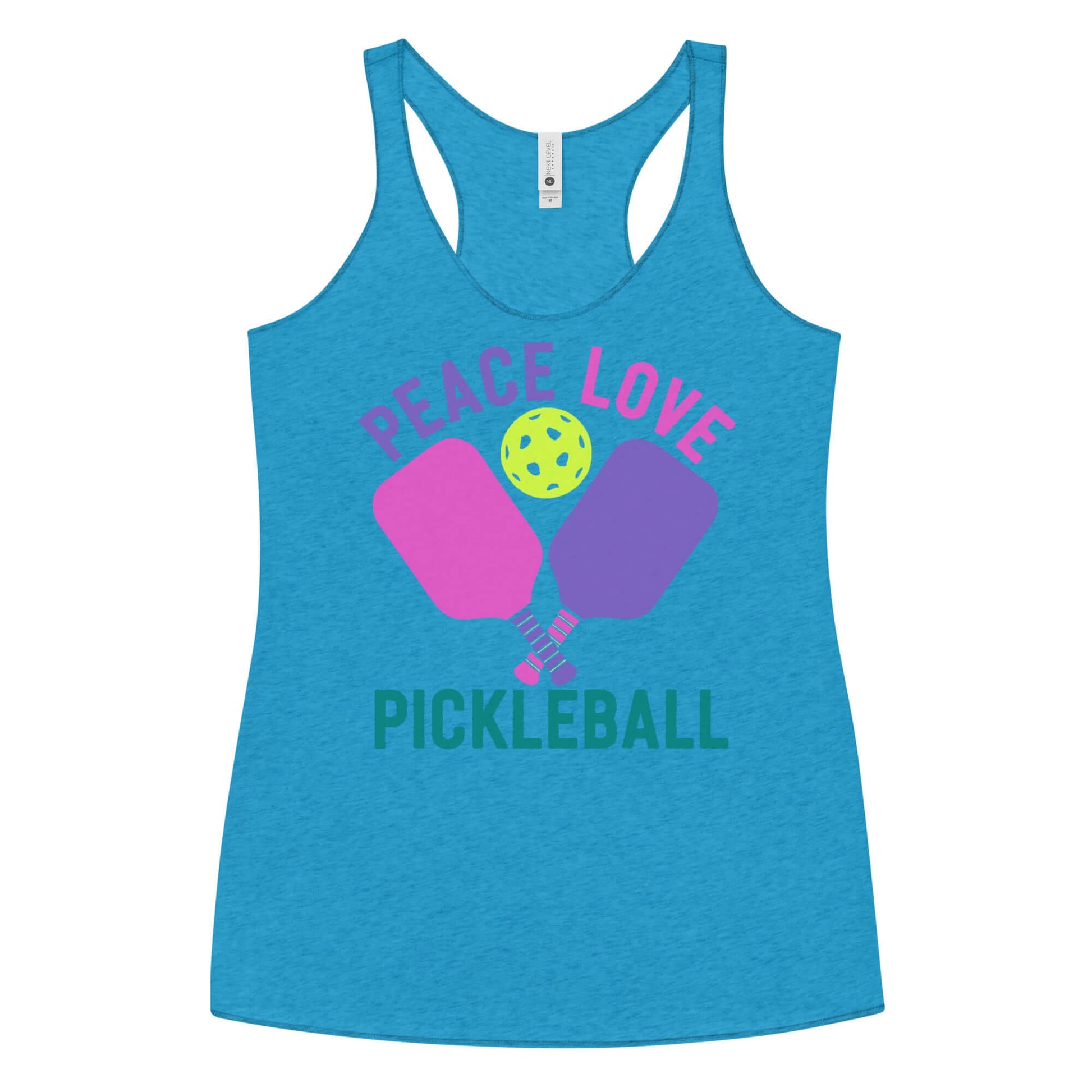 Women's blue racerback tank top with 'Peace Love Pickleball' graphic and colorful paddles, perfect for players.