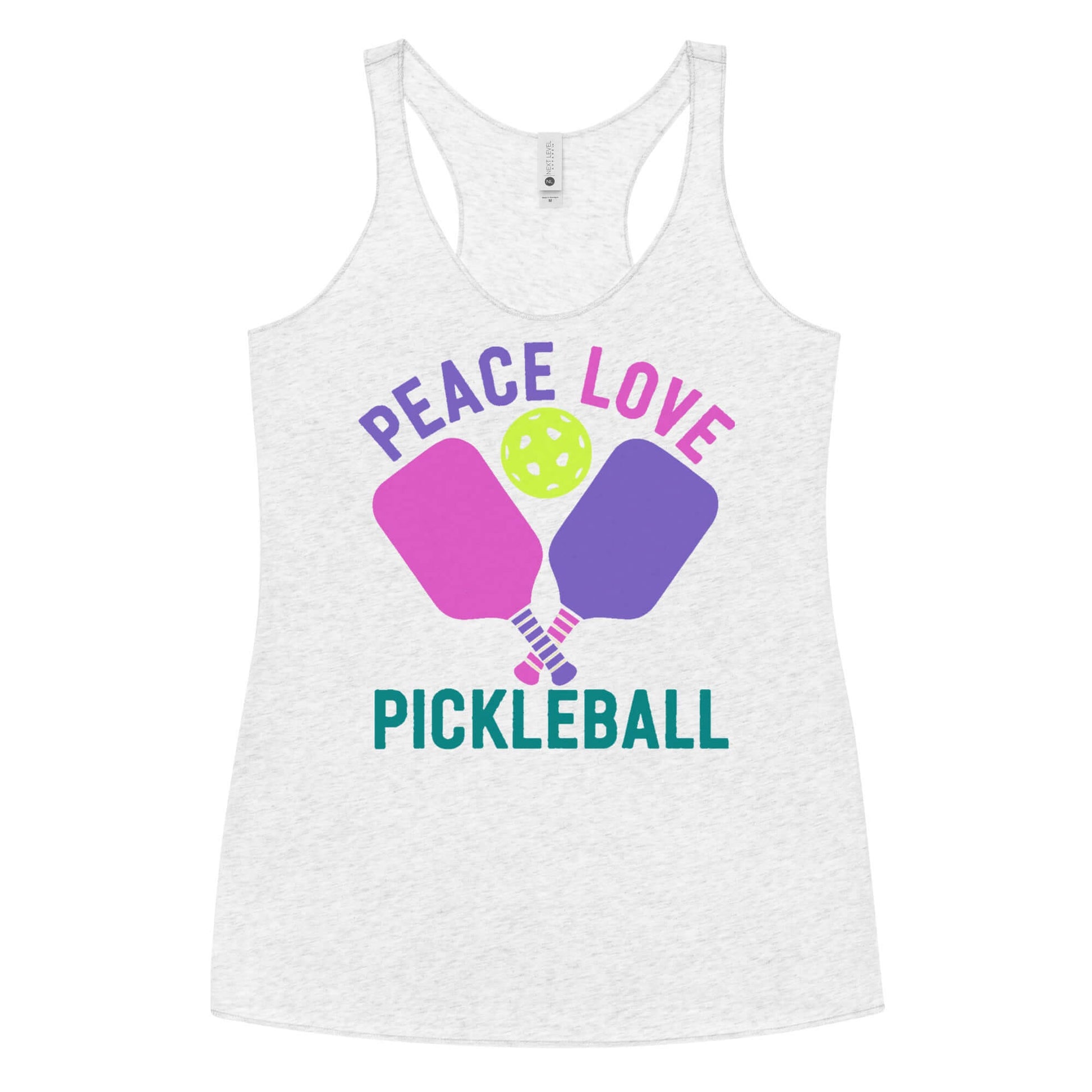 Women's peace love pickleball racerback tank featuring colorful paddles and ball design.