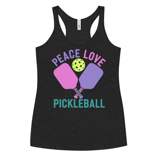 Women's Peace, Love, Pickleball racerback tank featuring colorful paddles and a pickleball graphic.