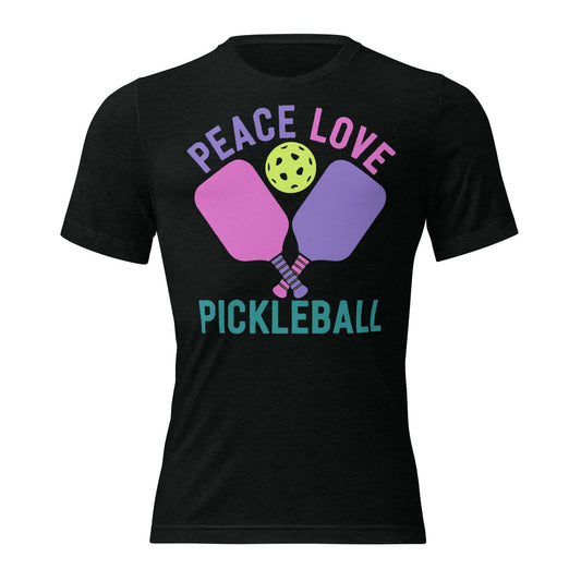 Women's black short sleeve t-shirt featuring 'Peace Love Pickleball' design with paddles and ball.