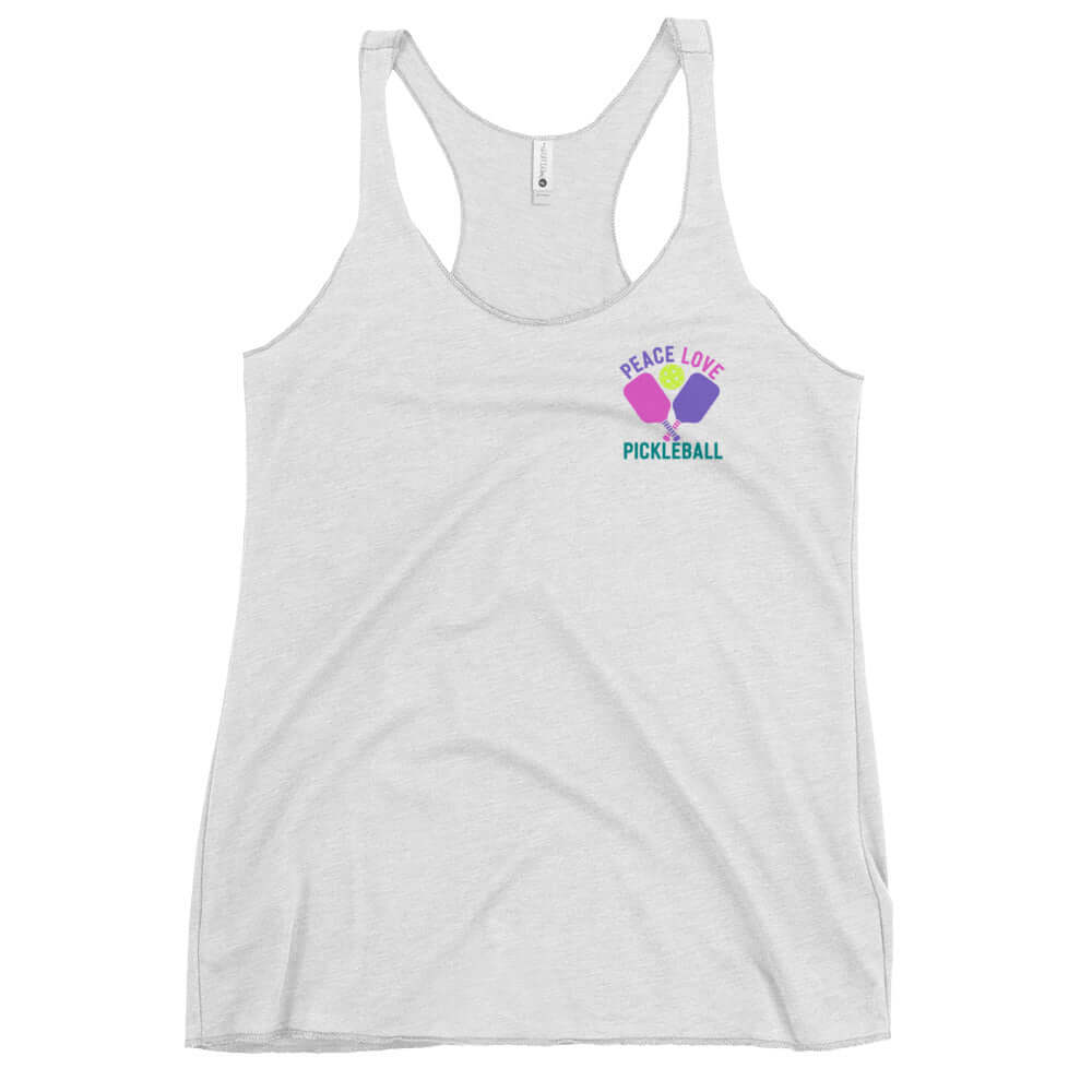 Women's gray racerback tank top featuring 'Peace Love Pickleball' design, perfect for active and casual wear.