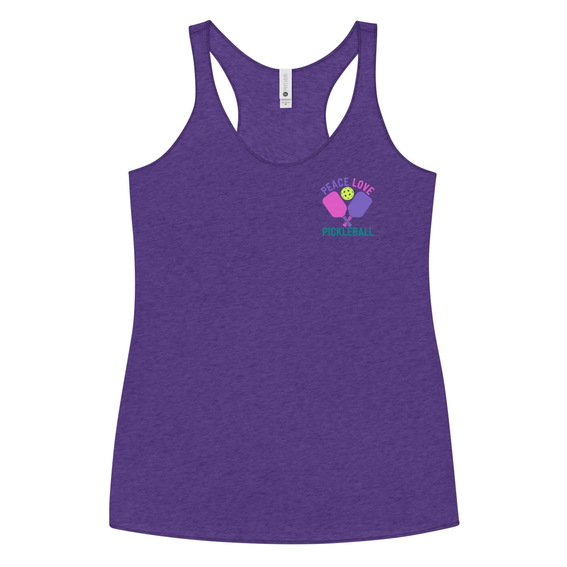 Women's purple Peace, Love, Pickleball racerback tank for comfort and style on and off the court.