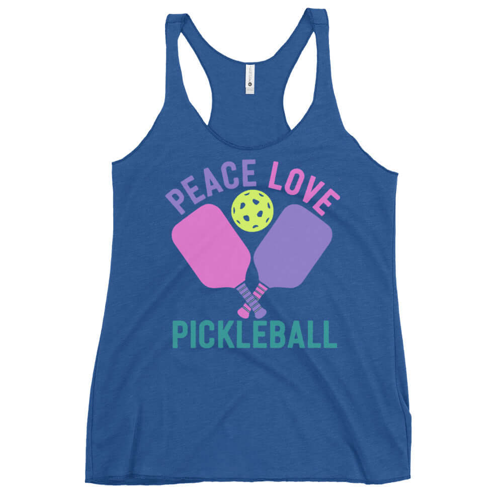 Women's Racerback Tank featuring 'Peace Love Pickleball' graphic design in vibrant colors.