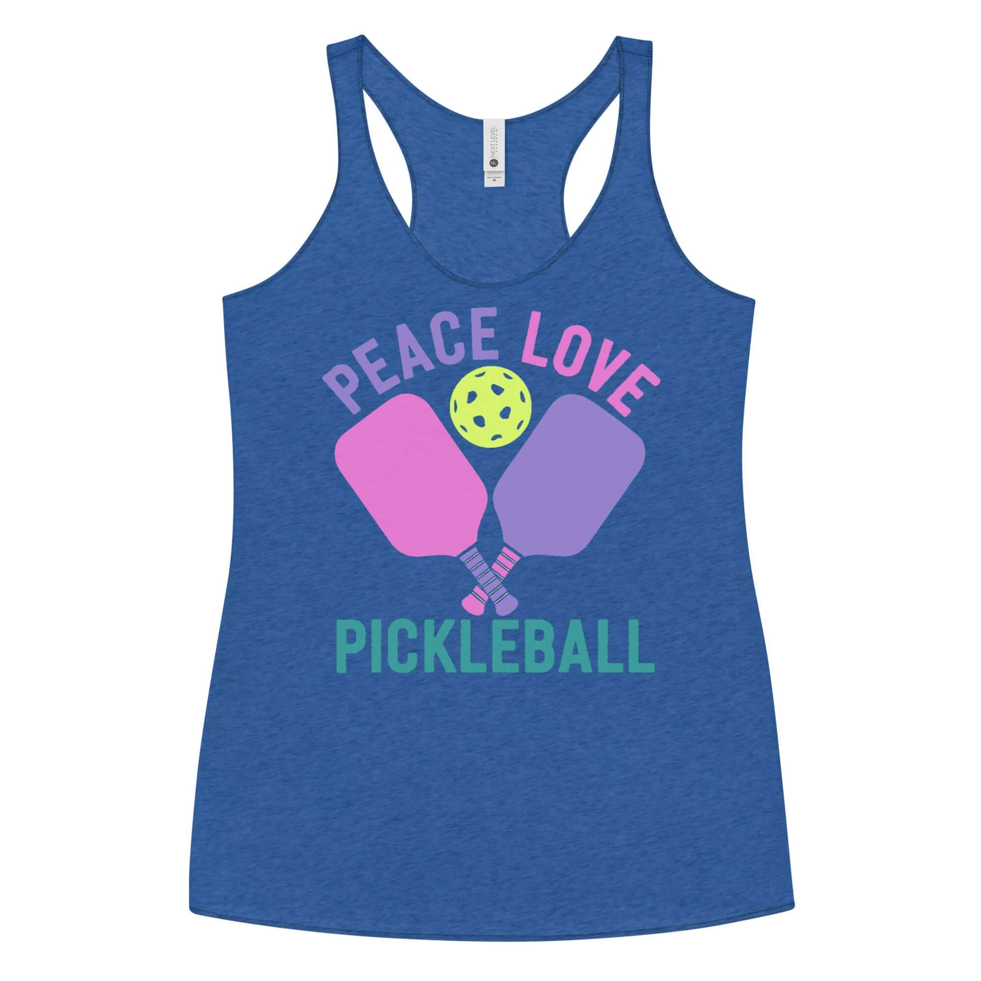 Women's blue racerback tank top with 'Peace Love Pickleball' graphic and pickleball paddles design.