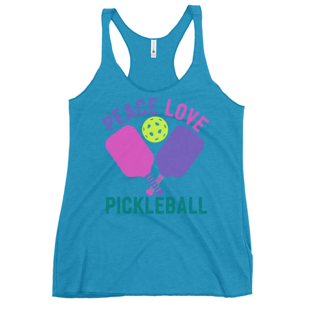 Stylish turquoise racerback tank with 'Peace Love Pickleball' graphic, perfect for pickleball enthusiasts.