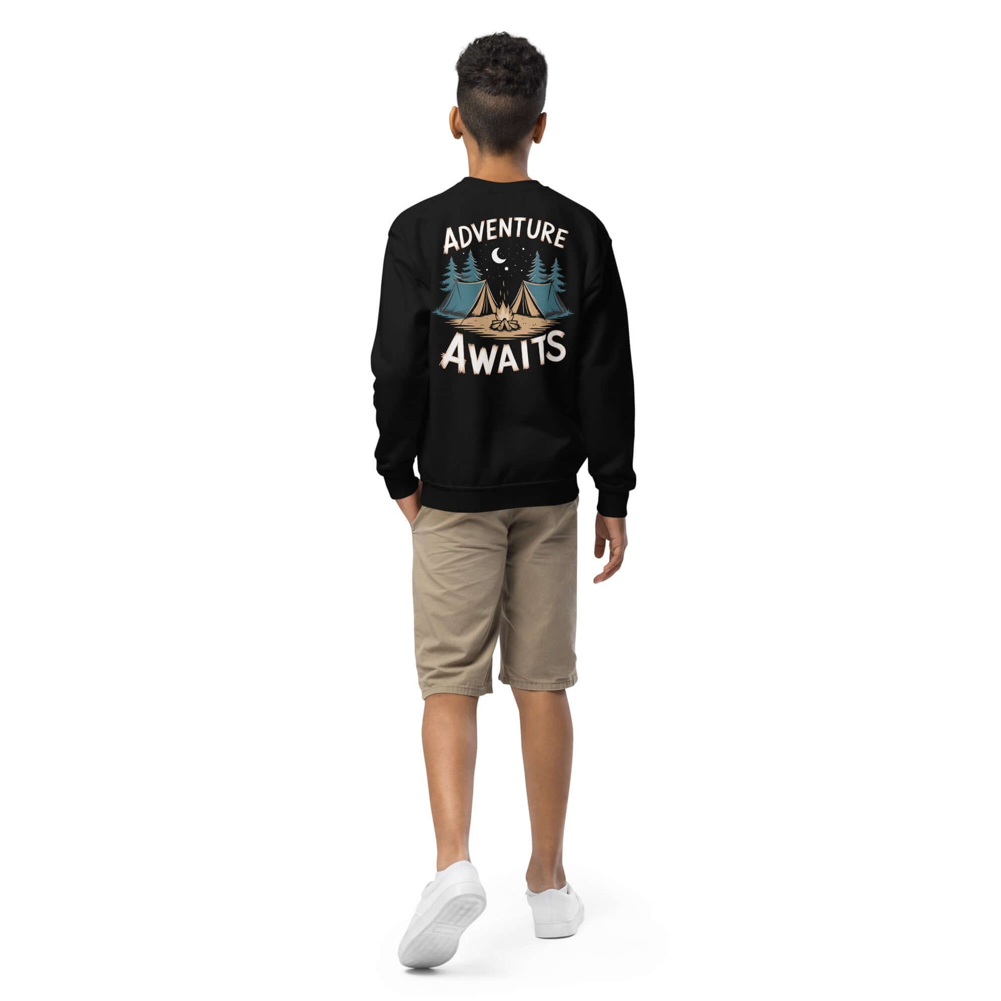 Youth crewneck sweatshirt with 'Adventure Awaits' design, perfect for camping and outdoor activities.