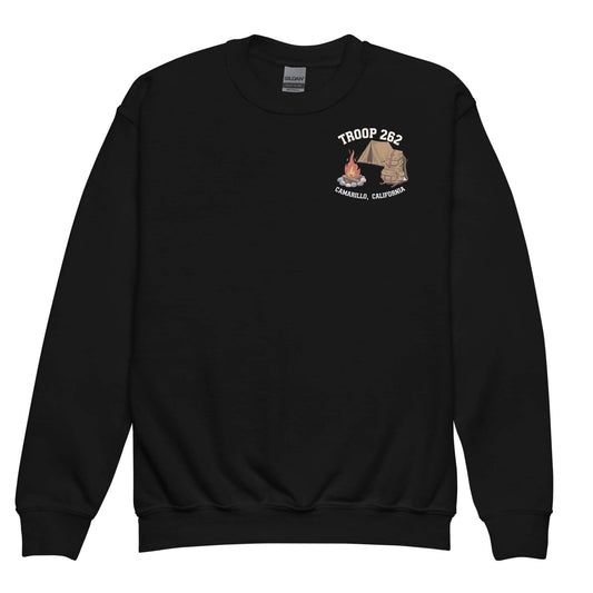 Youth Crewneck Sweatshirt in black featuring Troop 262 logo and camping design, perfect for adventures and outdoor activities.