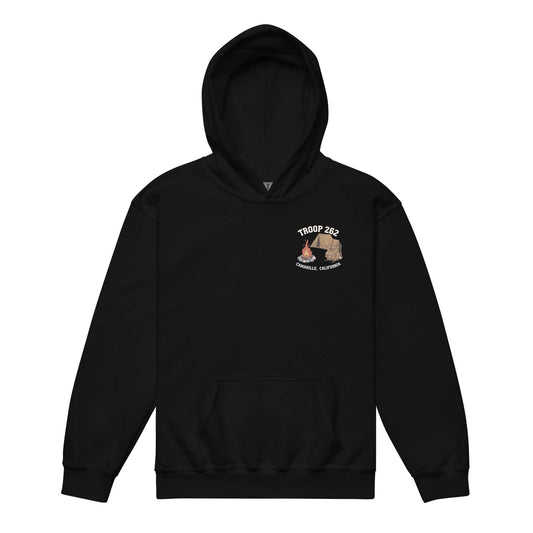 Youth Heavy Blend Hooded Sweatshirt in black, featuring Troop 228 design, perfect for camping and active kids.