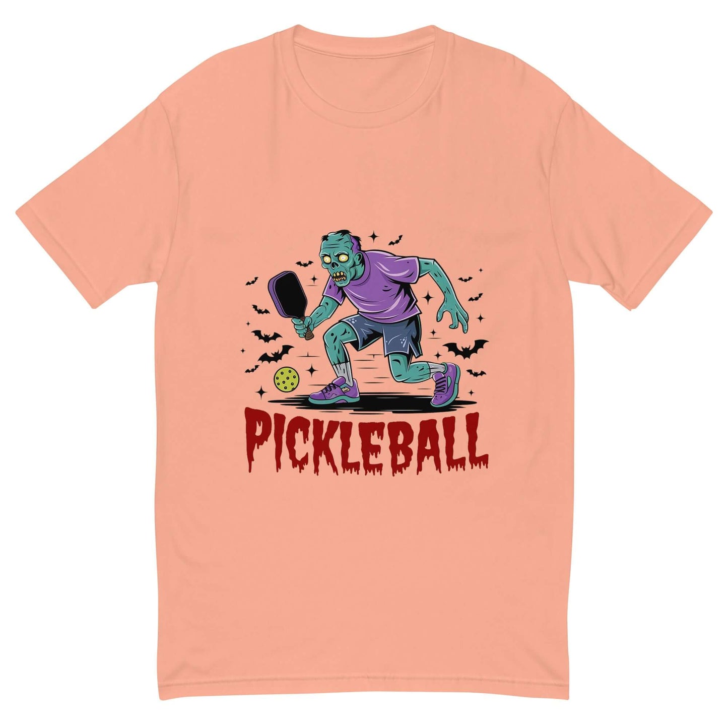 Zombie Pickleball Smash Halloween tee featuring a zombie with paddle on a spooky court with bats, perfect for Halloween sports fun.
