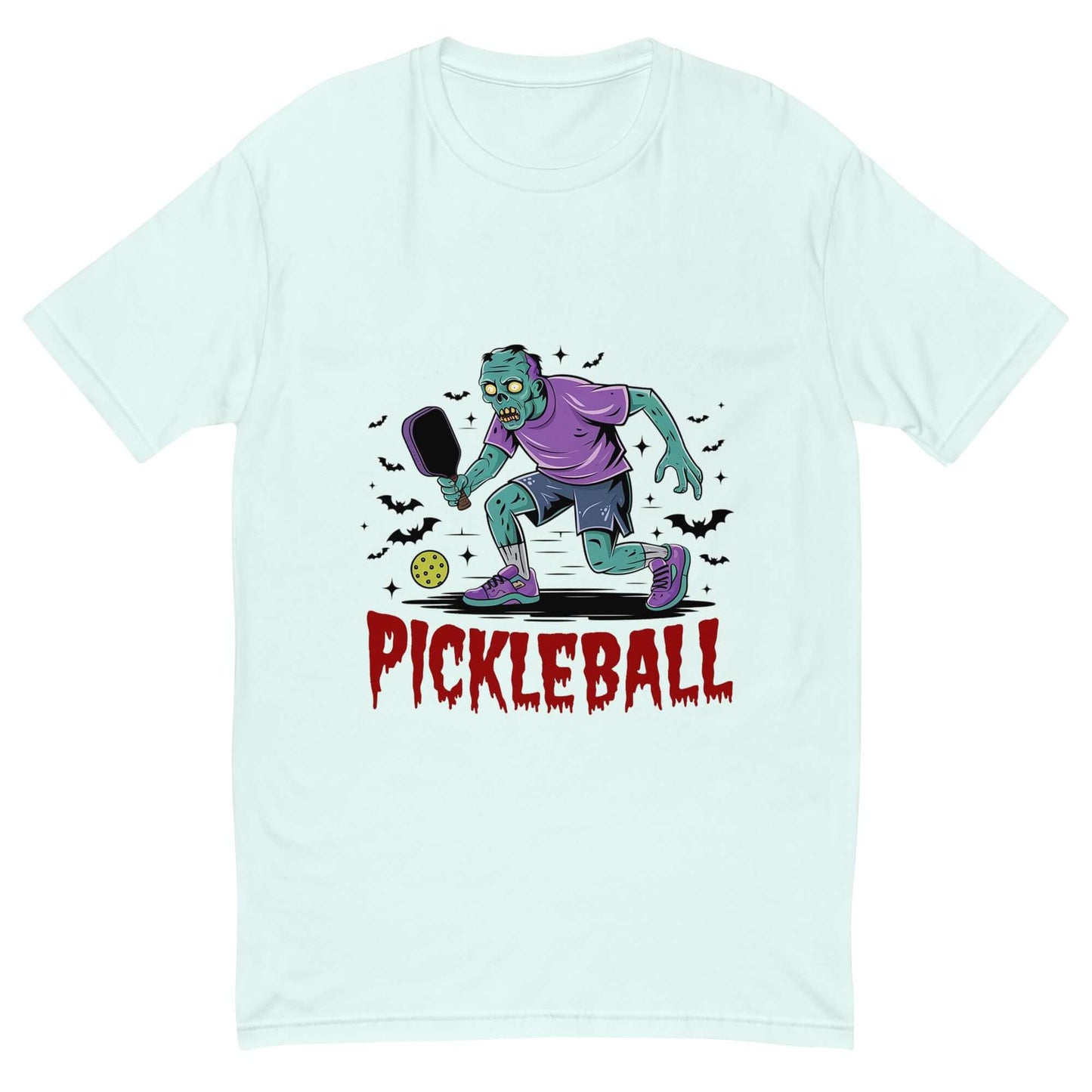 Zombie pickleball t-shirt featuring a spooky illustration of a zombie playing on the court, perfect for Halloween sports enthusiasts.