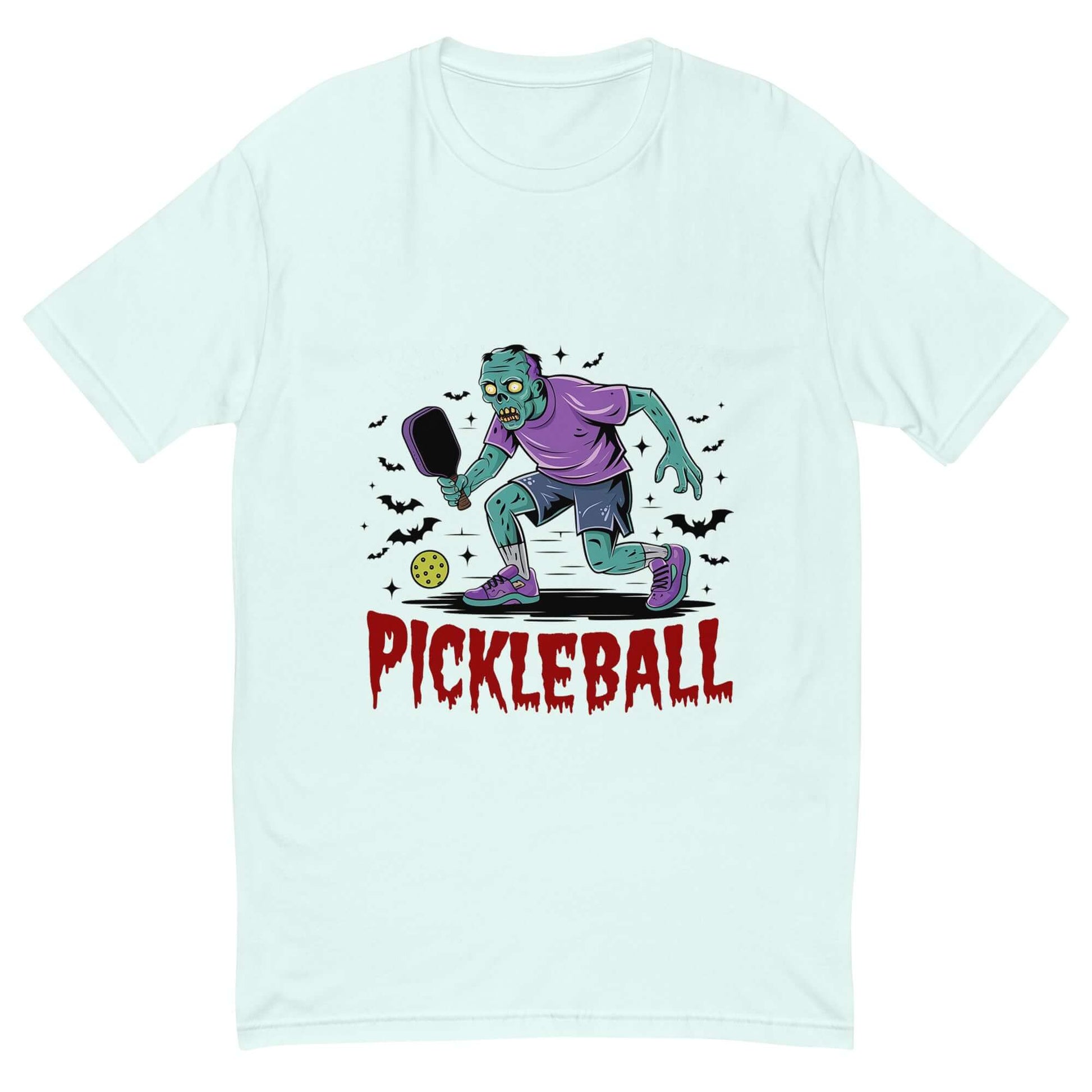 Zombie pickleball t-shirt featuring a spooky illustration of a zombie playing on the court, perfect for Halloween sports enthusiasts.