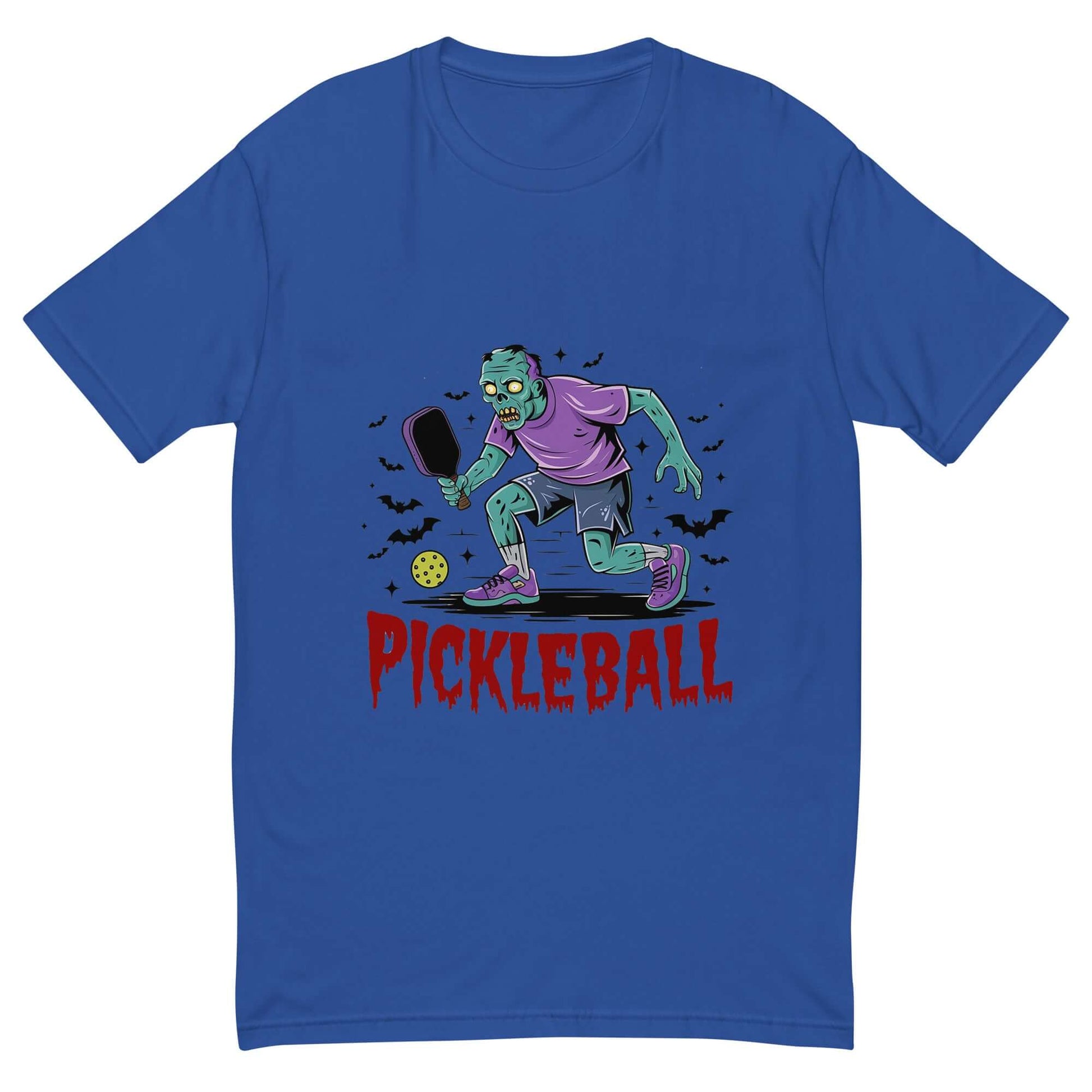 Zombie Pickleball Smash Halloween tee featuring a zombie playing pickleball with bats flying, perfect for spooky sports fans.