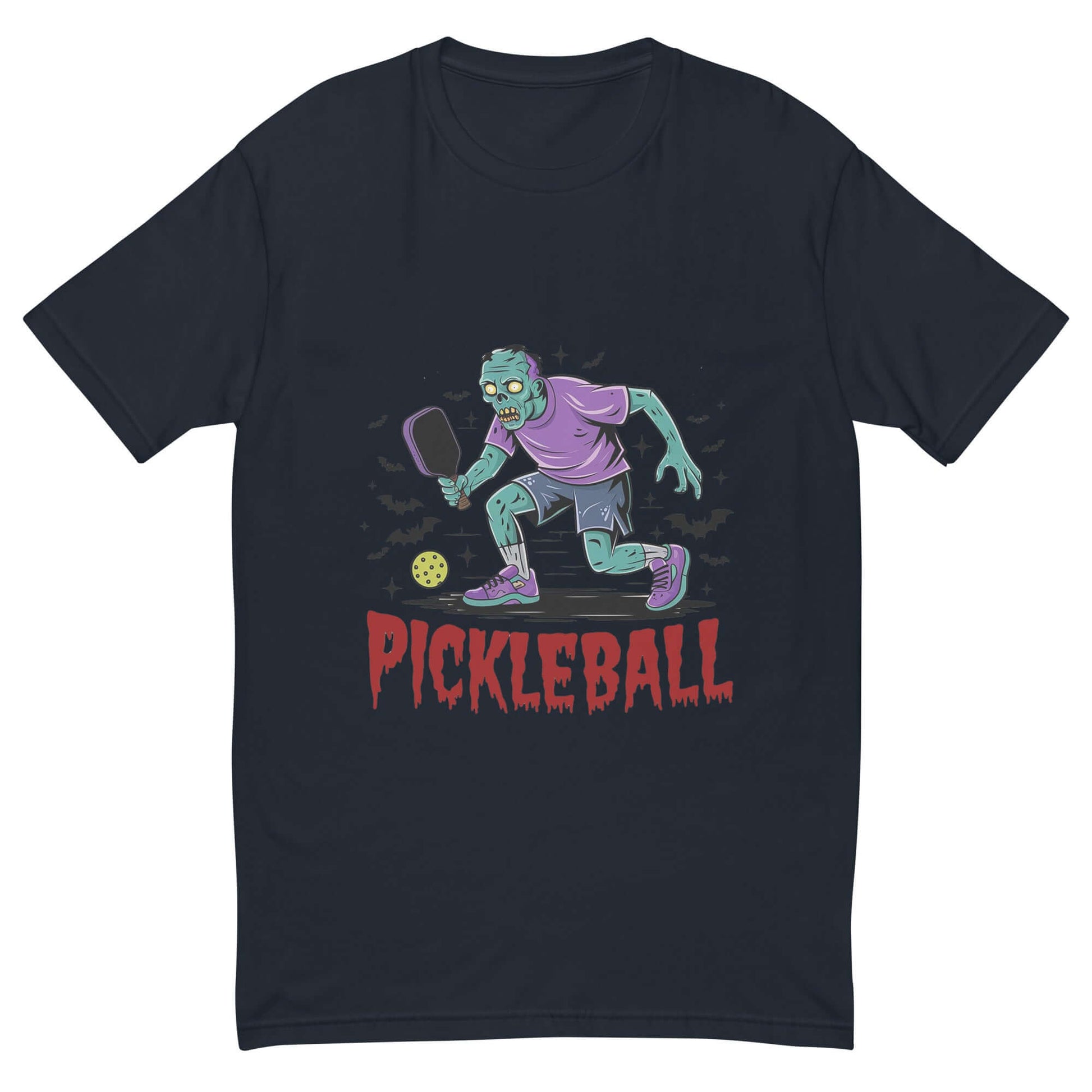 Zombie pickleball t-shirt featuring Halloween-themed illustration on black tee, perfect for haunting the court this spooky season.