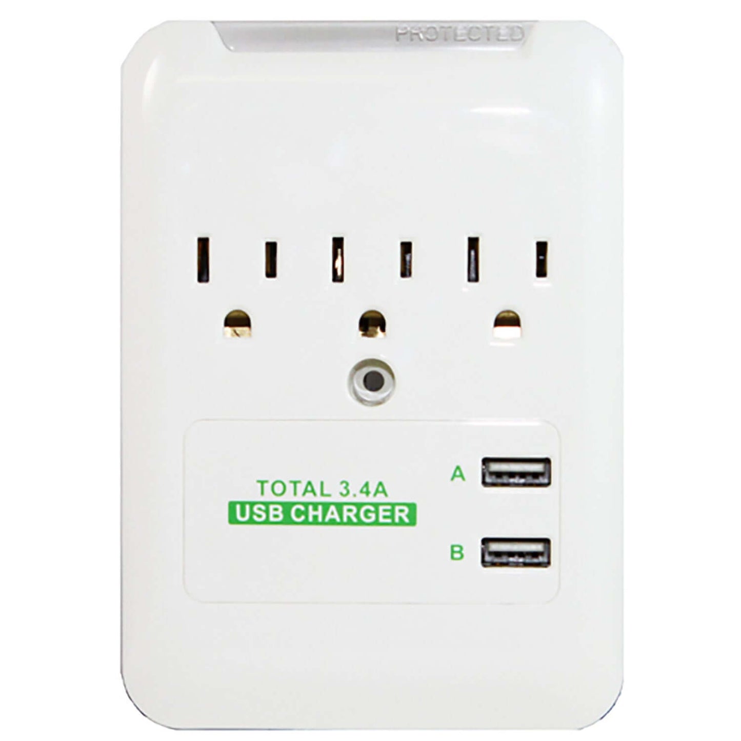 3.4A RND Power Solutions charging station with 3 outlets and 2 USB ports for fast charging iPhones, tablets, and USB devices.