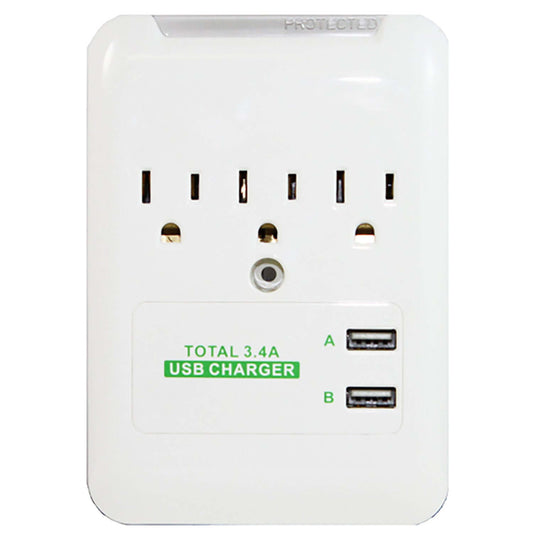 3.4A RND Power Solutions charging station with 3 outlets and 2 USB ports for fast charging iPhones, tablets, and USB devices.