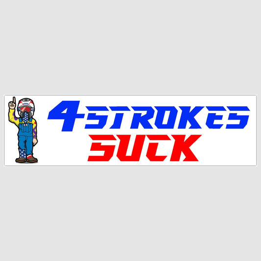 "4-Strokes Suck Ride Bumper Sticker in red, white, and blue with motocross character illustration"