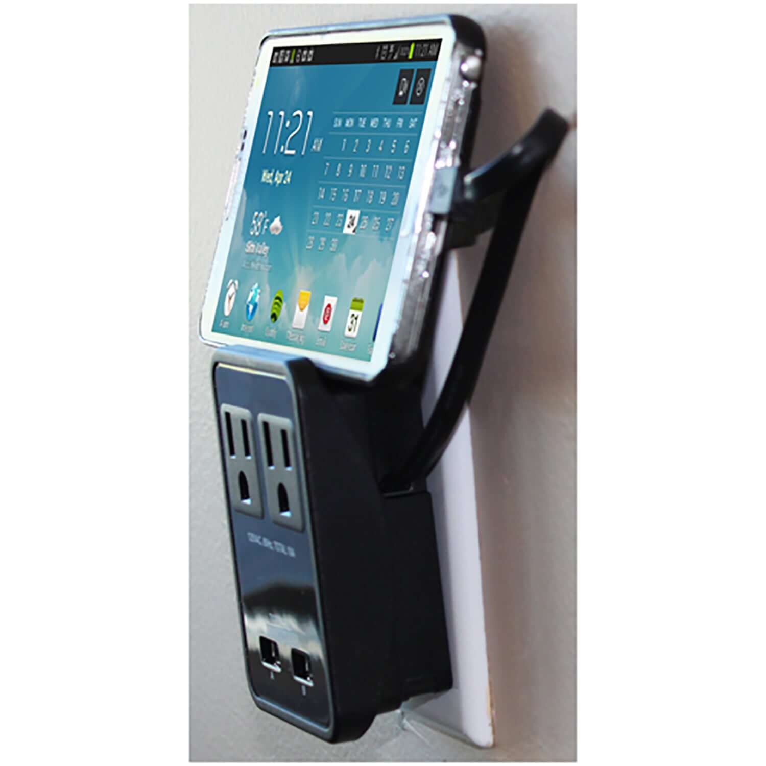 Compact power station with 2 USB ports charging a smartphone, designed to fit smaller spaces and utilize only one wall outlet.