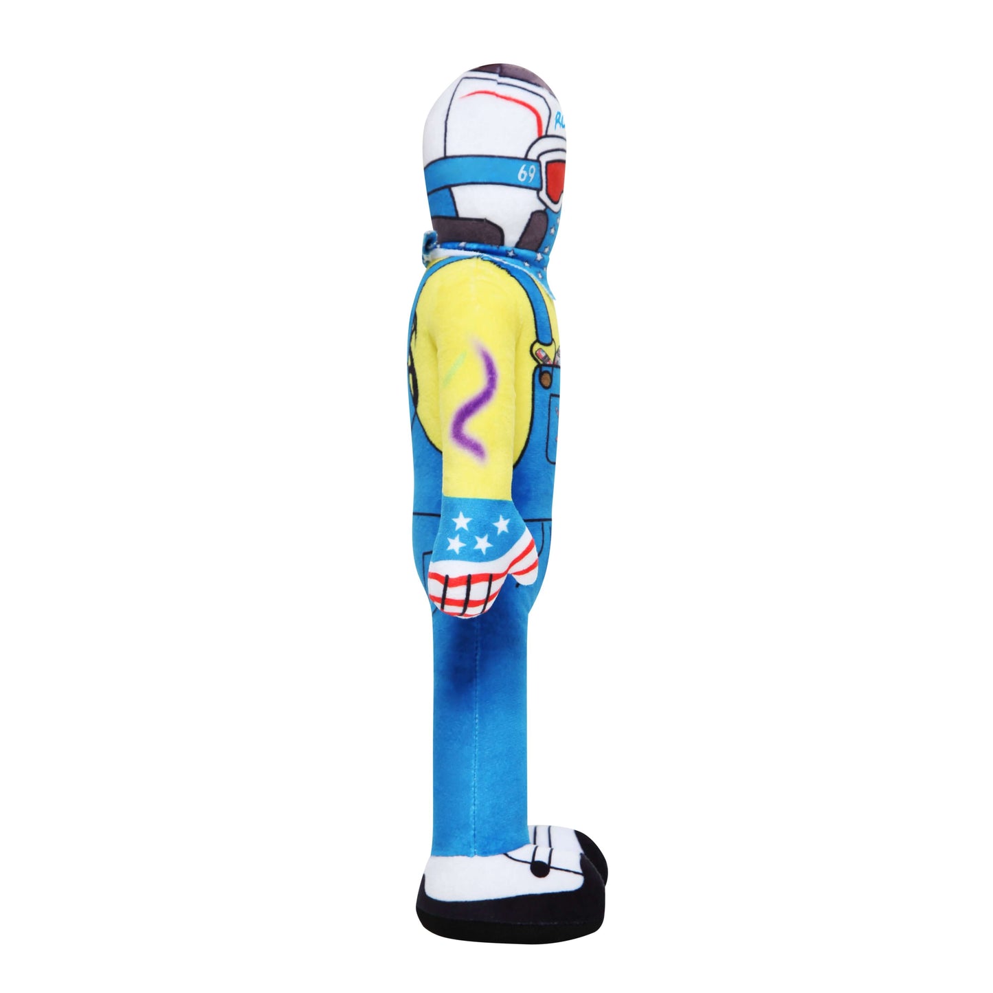 Side view of Lil Ronnie plush toy in colorful overalls, designed to look mischievous and fun, capturing his playful character.