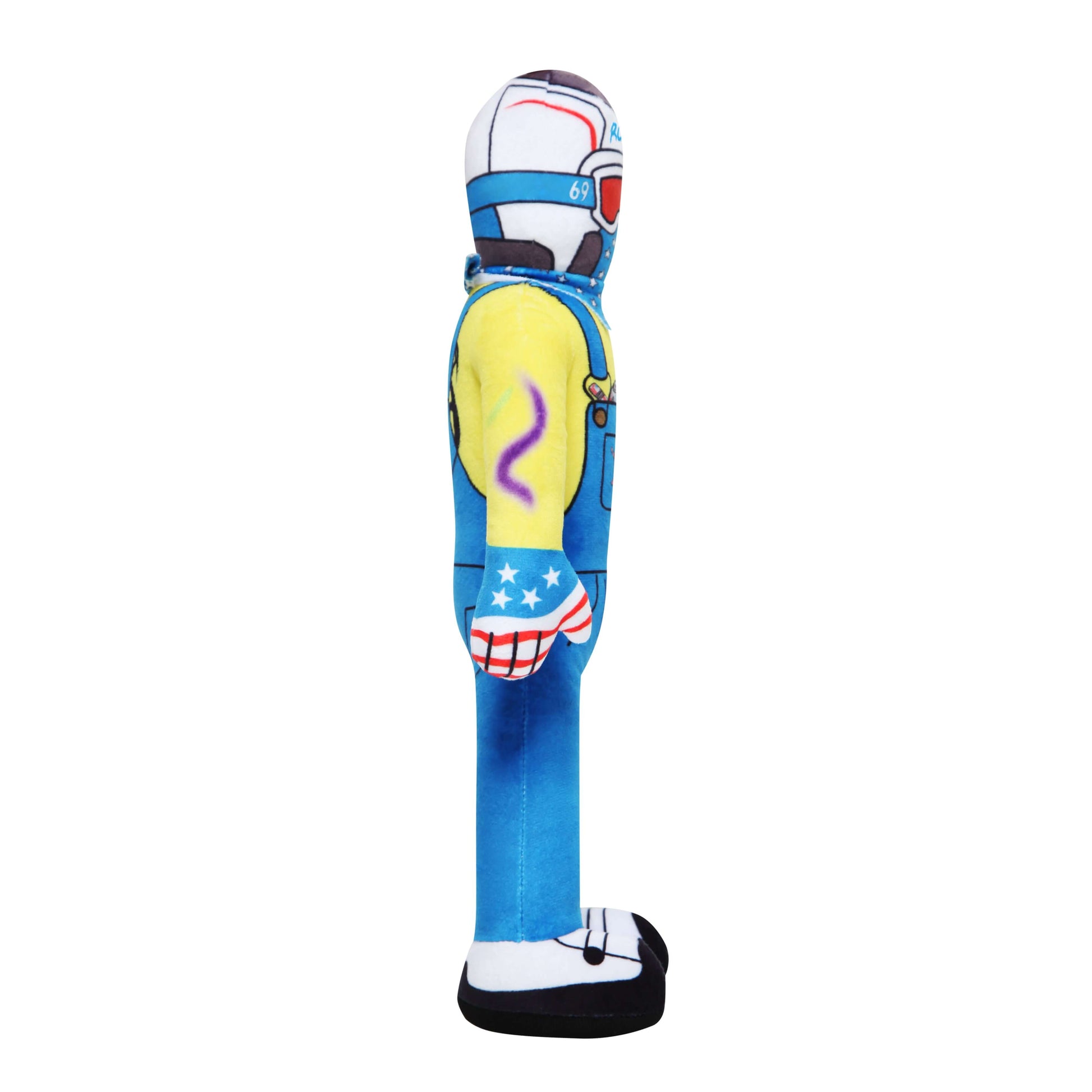 Side view of Lil Ronnie plush toy in colorful overalls, designed to look mischievous and fun, capturing his playful character.