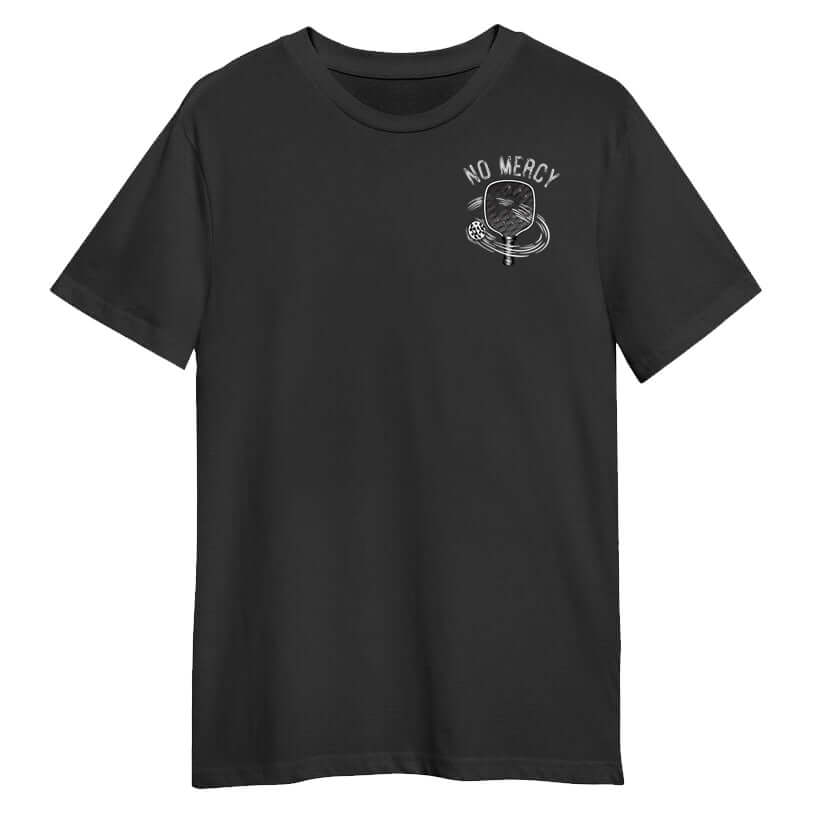 No Mercy Pickleball Black Performance T-Shirt featuring a skeleton design, perfect for competitive pickleball players.