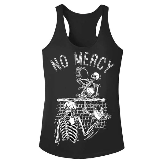 Women's black pickleball tank with "No Mercy" and skeleton graphic, racerback, dry-fit performance fabric for pickleball enthusiasts.