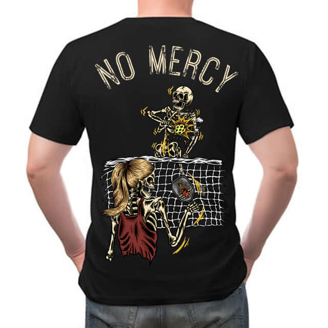 "No Mercy Mixed Doubles Pickleball T-Shirt featuring skeletons with a flaming heart graphic intimidating the competition"