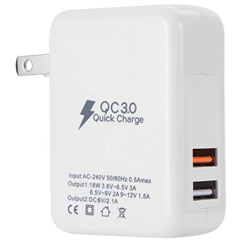 Quick Charge 3.0 USB AC Charger with dual ports for fast and efficient device charging, compatible with QC 2.1A and more.